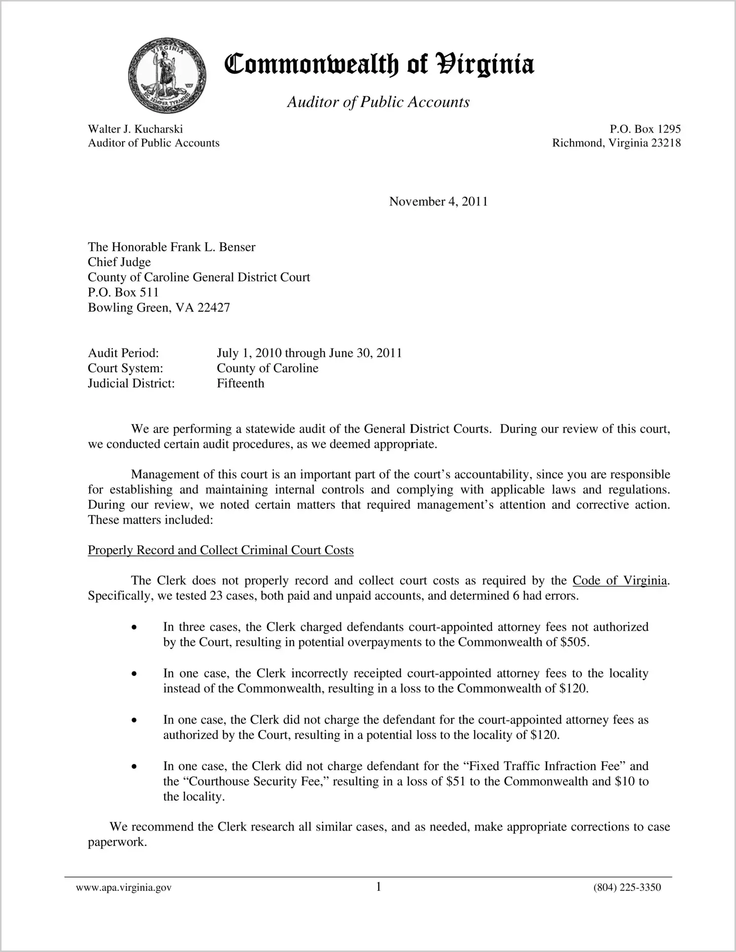 Clerk of the General District Court for the County of Caroline Report on Audit for the period July 1, 2009 through June 30, 2011