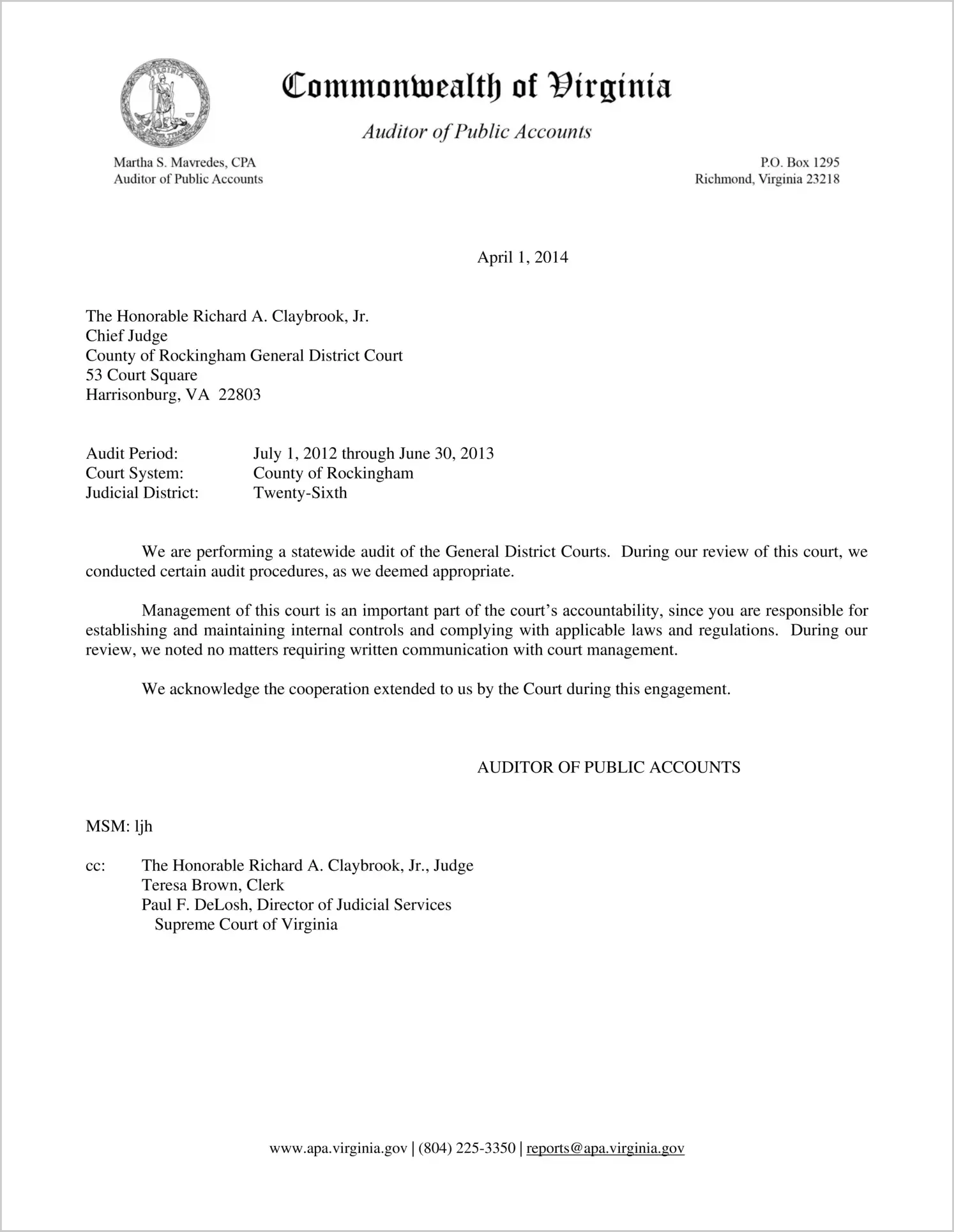 Clerk of the General District Court for the County of Rockingham Report on Audit for the period July 1, 2012 through June 30, 2013