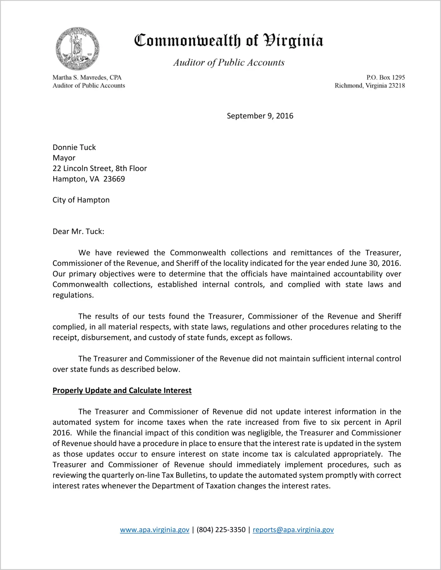 Commonwealth collections and remittances of the Treasurer, Commissioner of the Revenue, and Sheriff for the City of Hampton for the year ended June 30, 2016