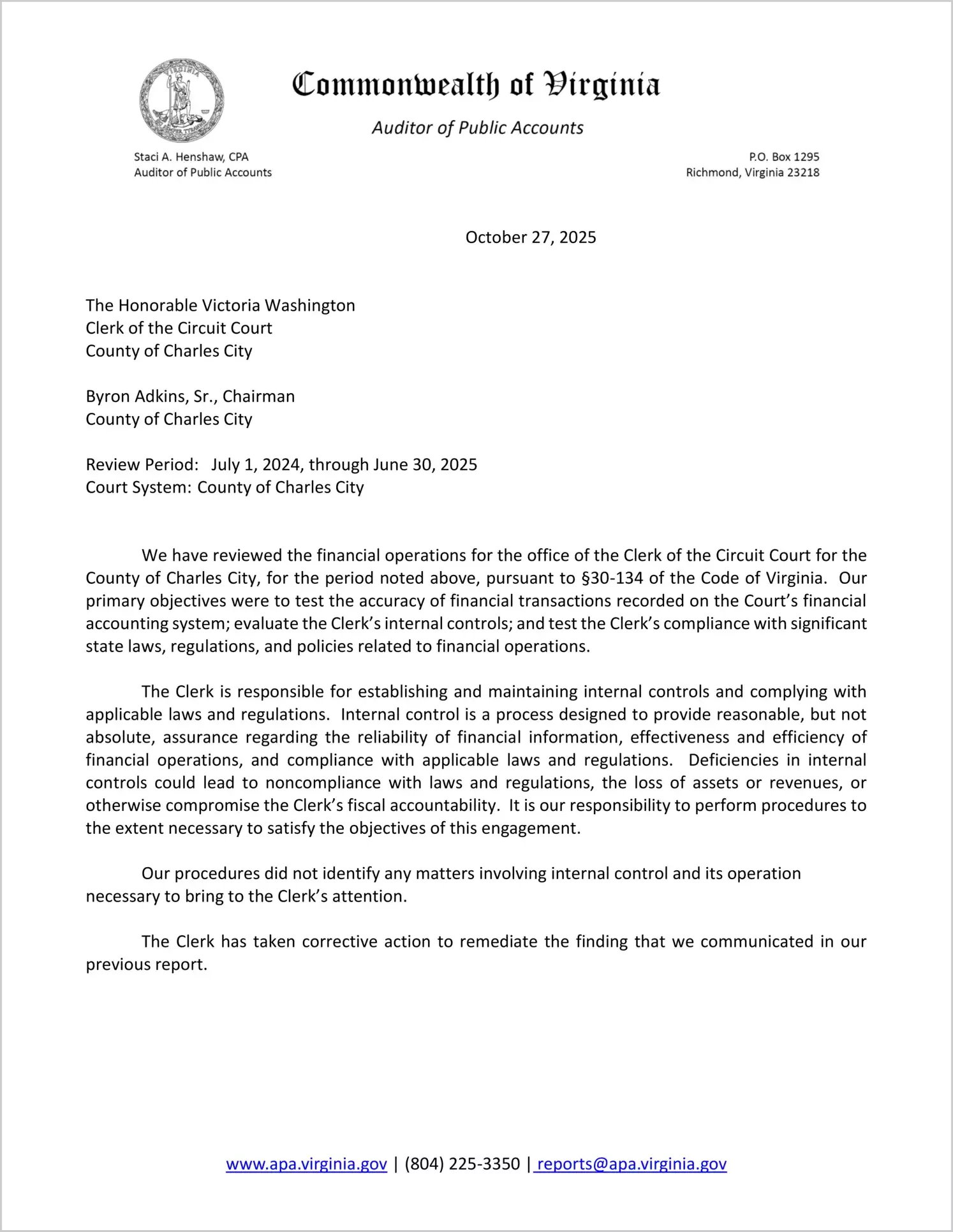 Clerk of the Circuit Court for the County of Charles City for the period July 1, 2024 through June 30, 2025