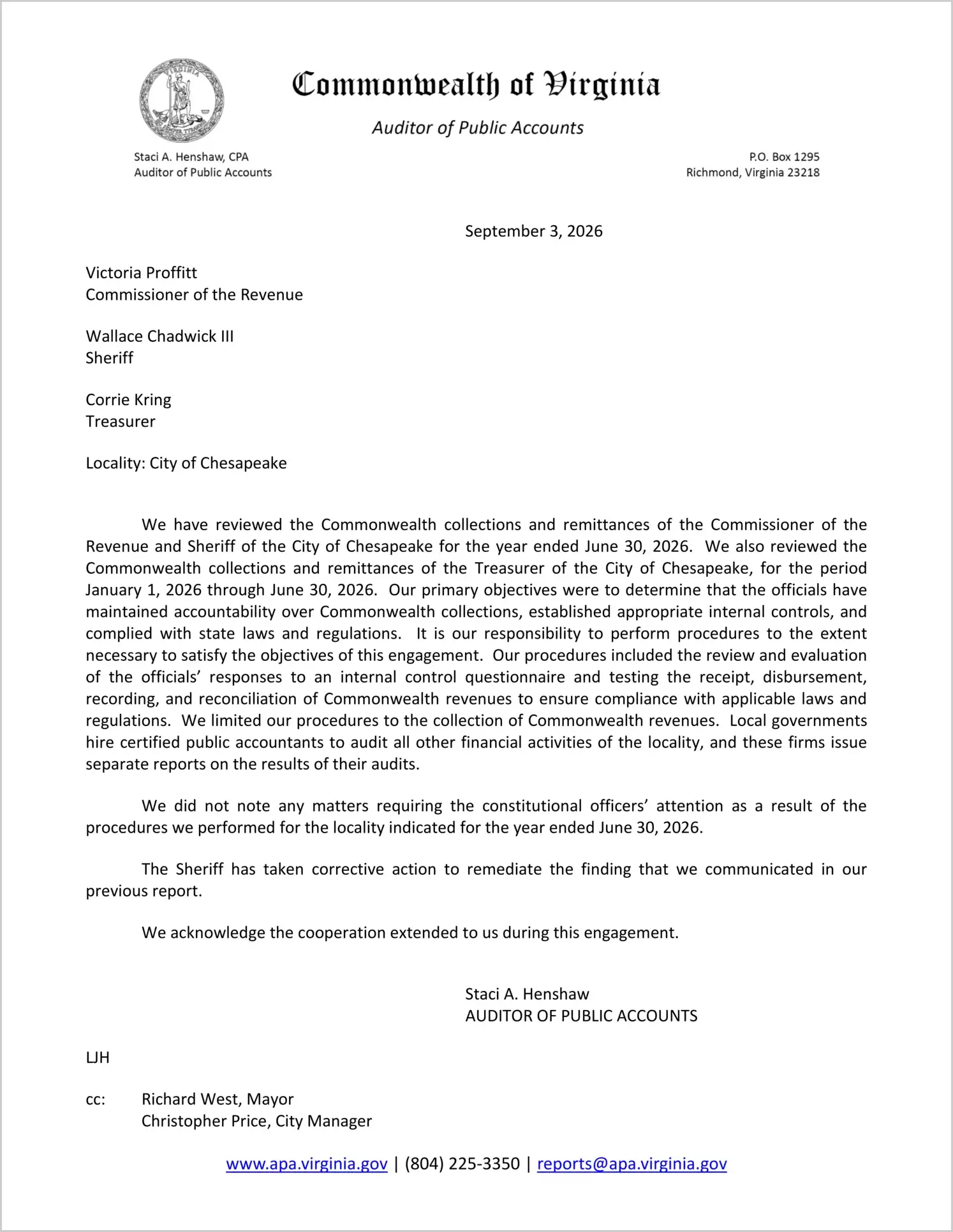 preview of Commonwealth Collections and Remittances of the Commissioner of the Revenue and Sheriff for the City of Chesapeake for the year ended June 30, 2026, and the Treasurer for the period January 1, 2026 through June 30, 2026