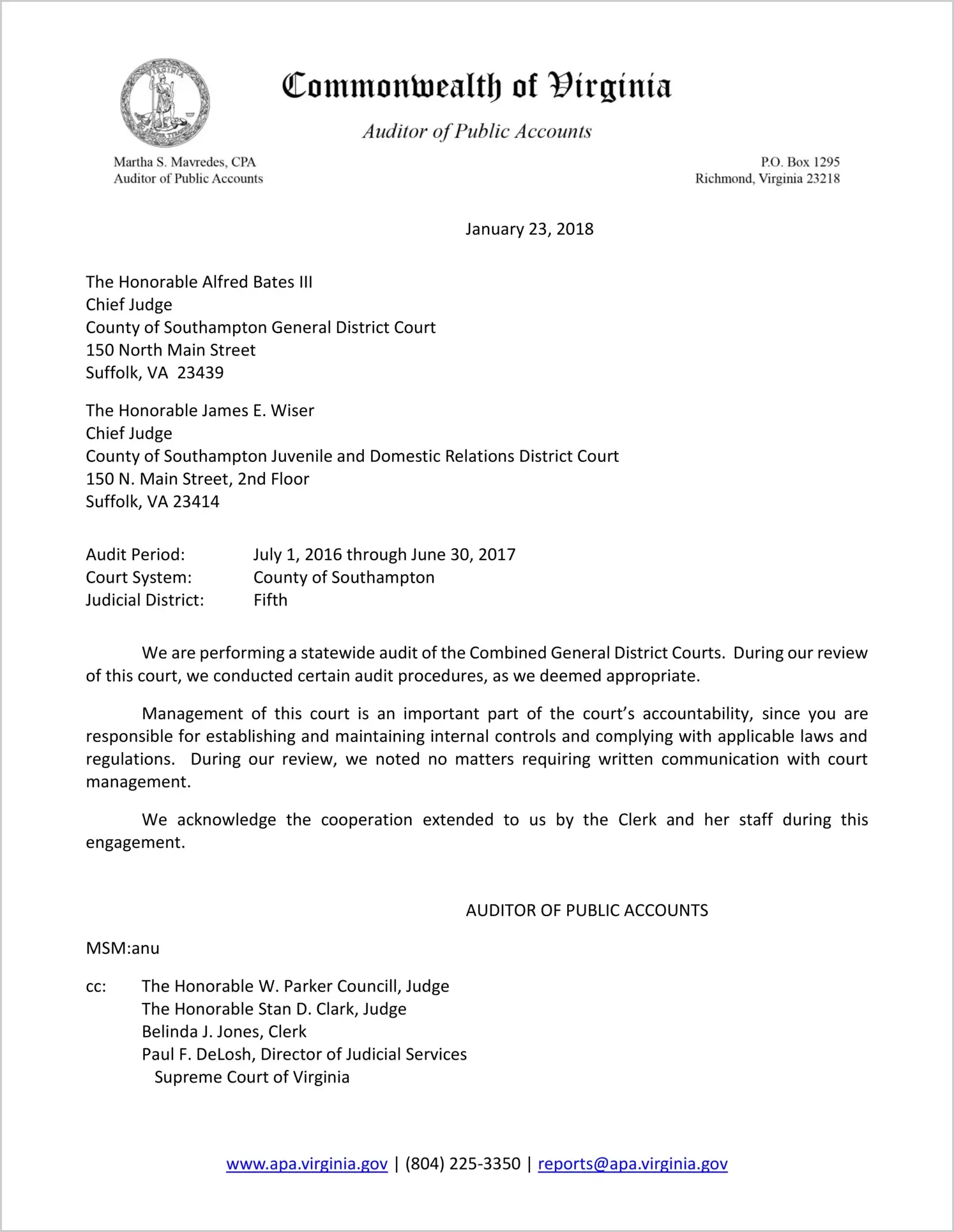 Combined District Court for the County of Southampton for the period July 1, 2016 through June 30, 2017