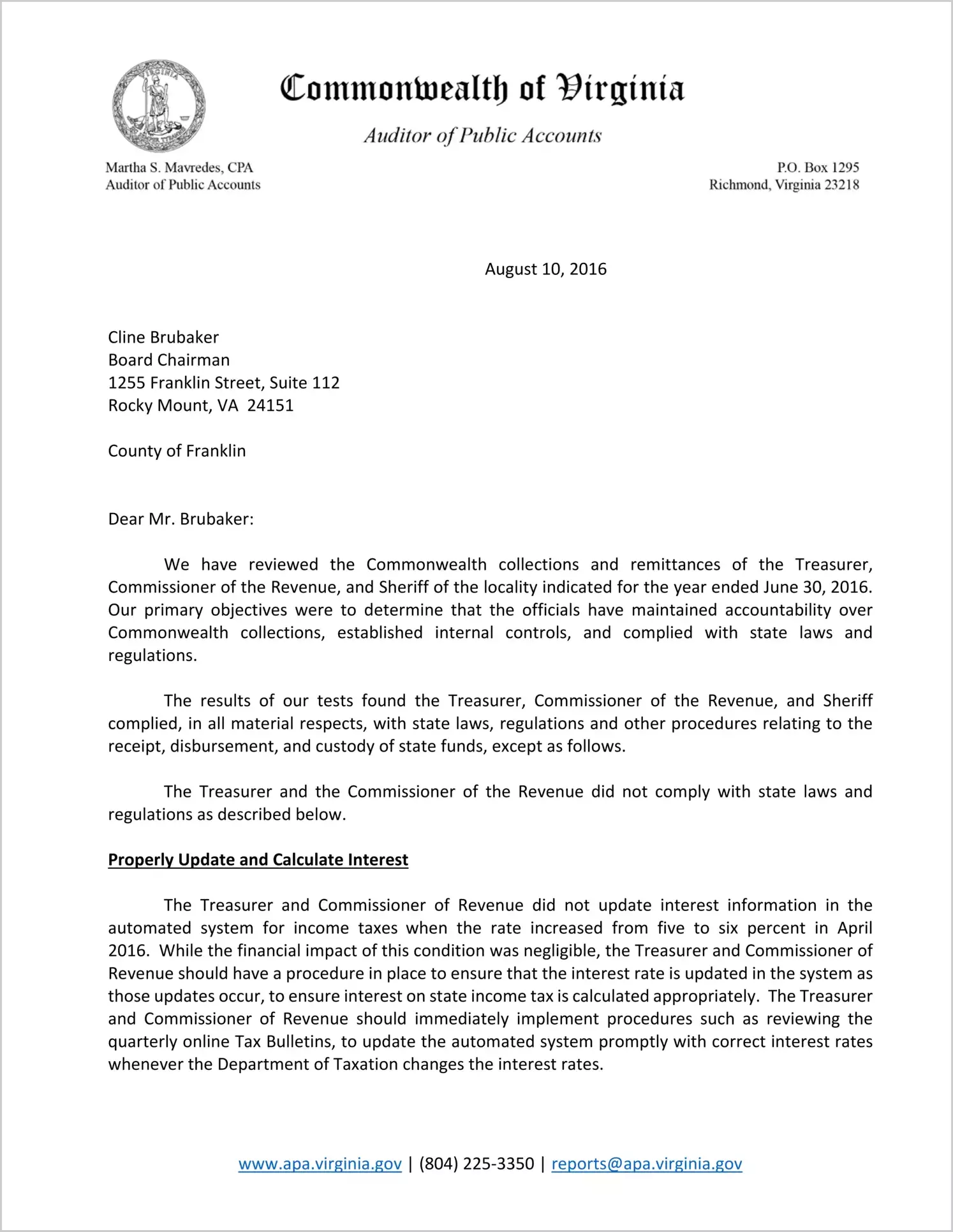 Commonwealth collections and remittances of the Treasurer, Commissioner of the Revenue, and Sheriff for the County of Franklin for the year ended June 30, 2016