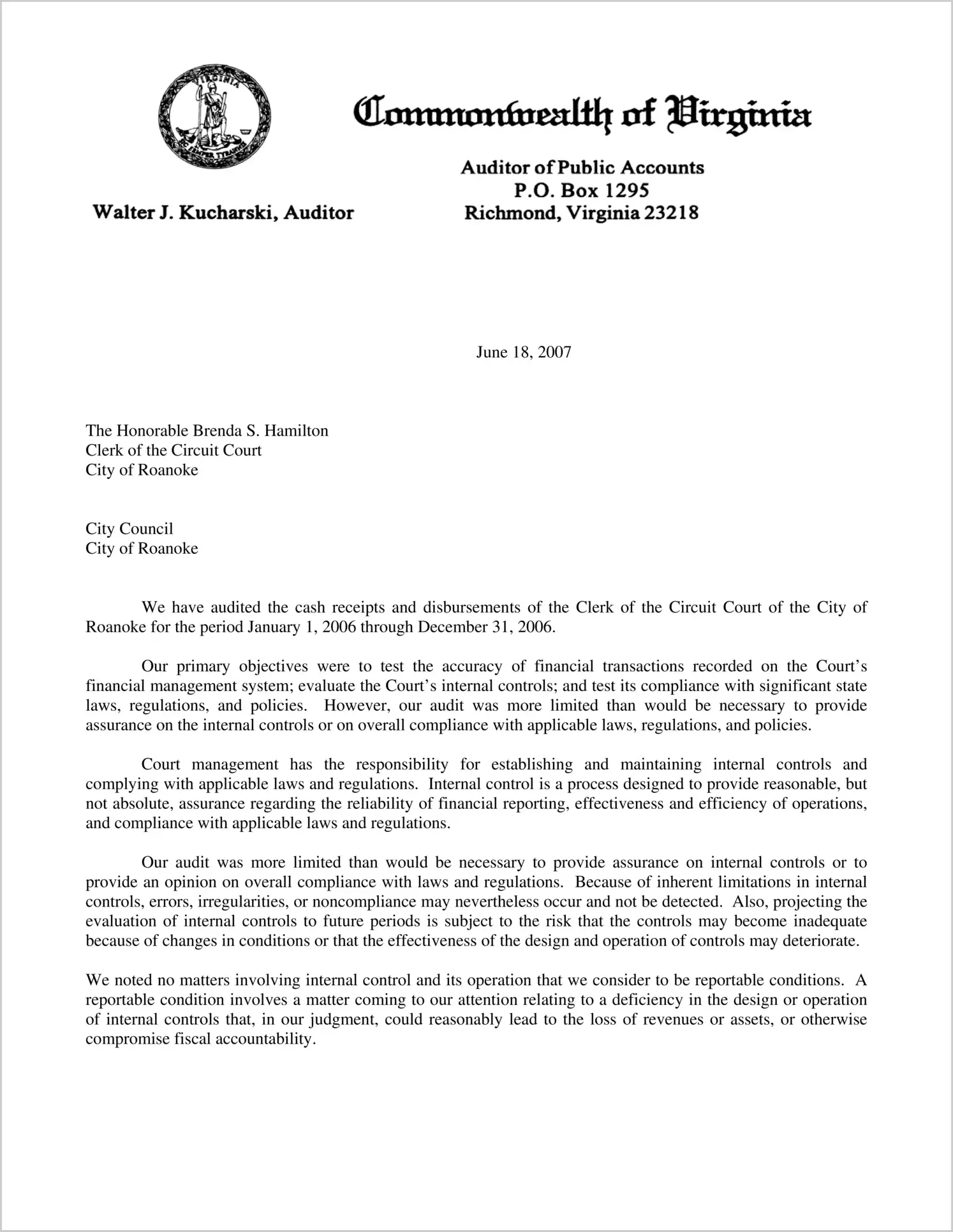 Clerk of the Circuit Court of the City of Roanoke for the period January 1, 2006 through December 31, 2006