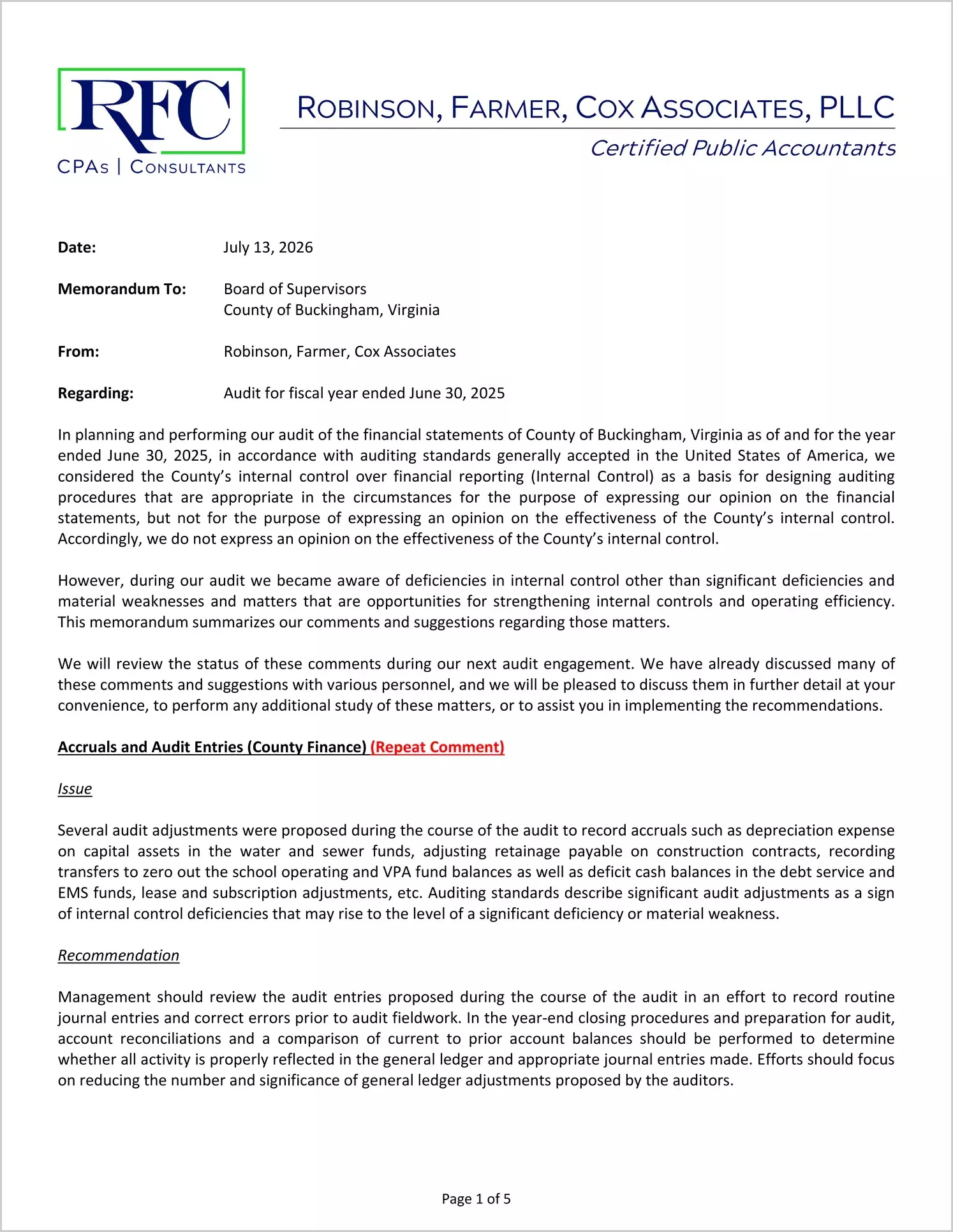 preview of 2025 Management Letter for County of Buckingham