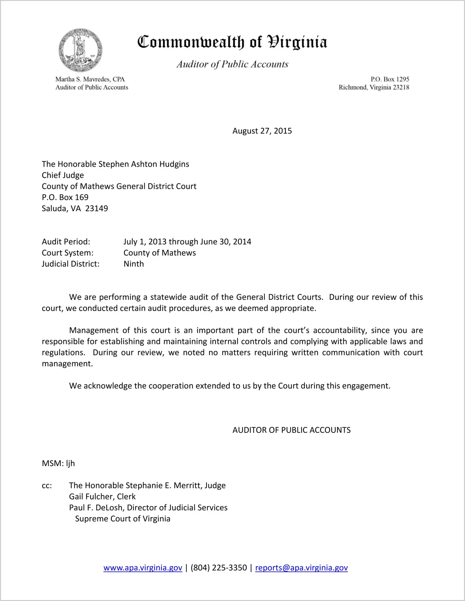 Clerk of the General District Court for the County of Mathews Report on Audit for the period July 1, 2013 through June 30, 2014