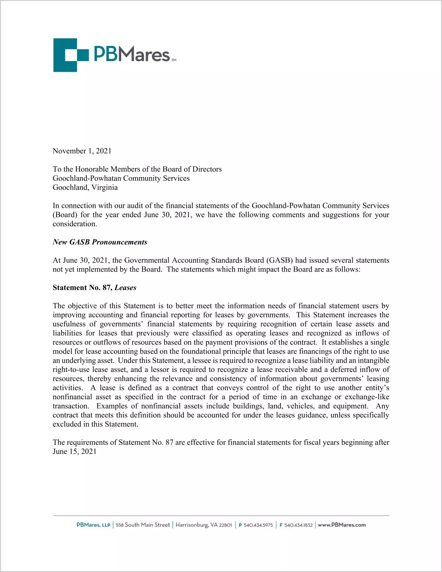 preview of 2021 ABC/Other Management Letter for Goochland-Powhatan Community Services Board
