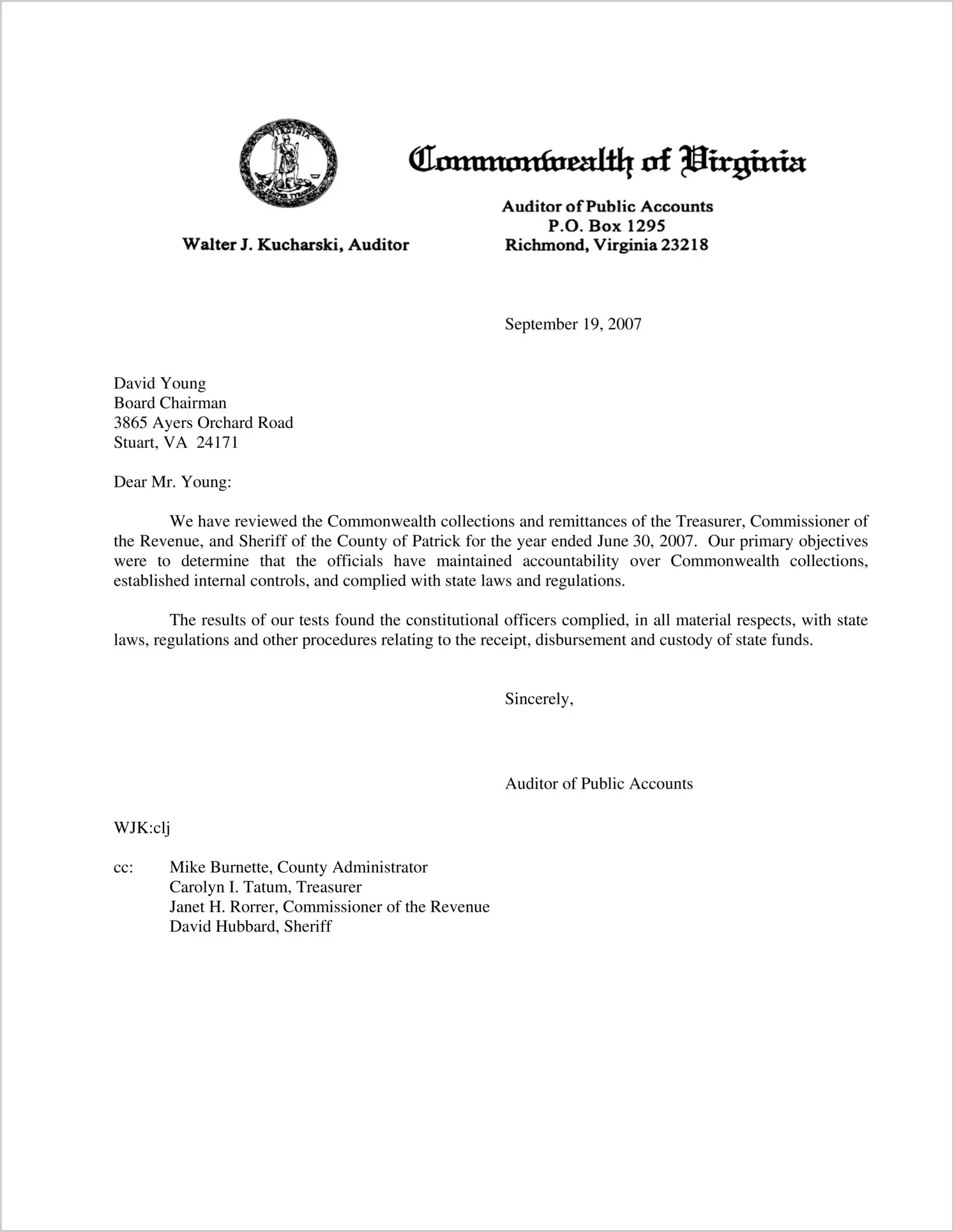 Commonwealth collections and remittances of the Treasurer, Commissioner of the Revenue, and Sheriff of the County of Patrick for the year ended June 30, 2007