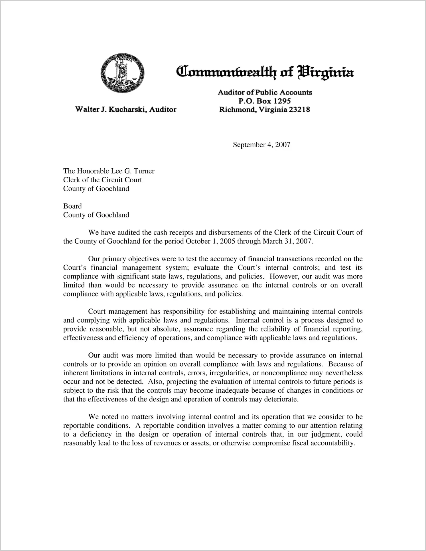 Clerk of the Circuit Court of the County of Goochland for the period October 1, 2005 through March 31, 2007.