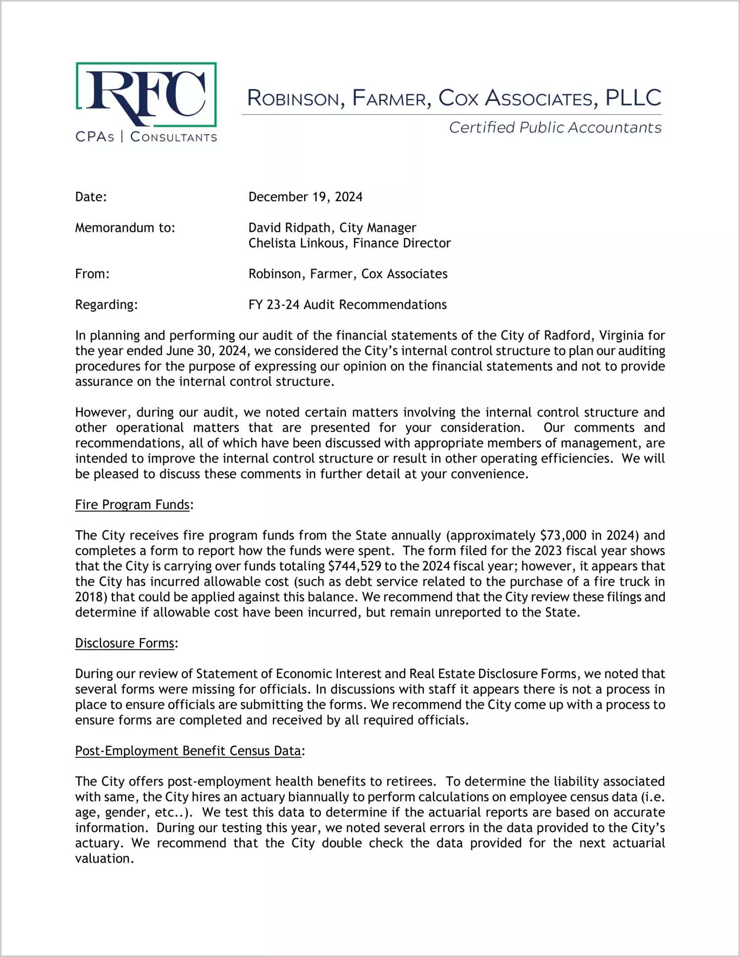preview of 2024 Management Letter for City of Radford