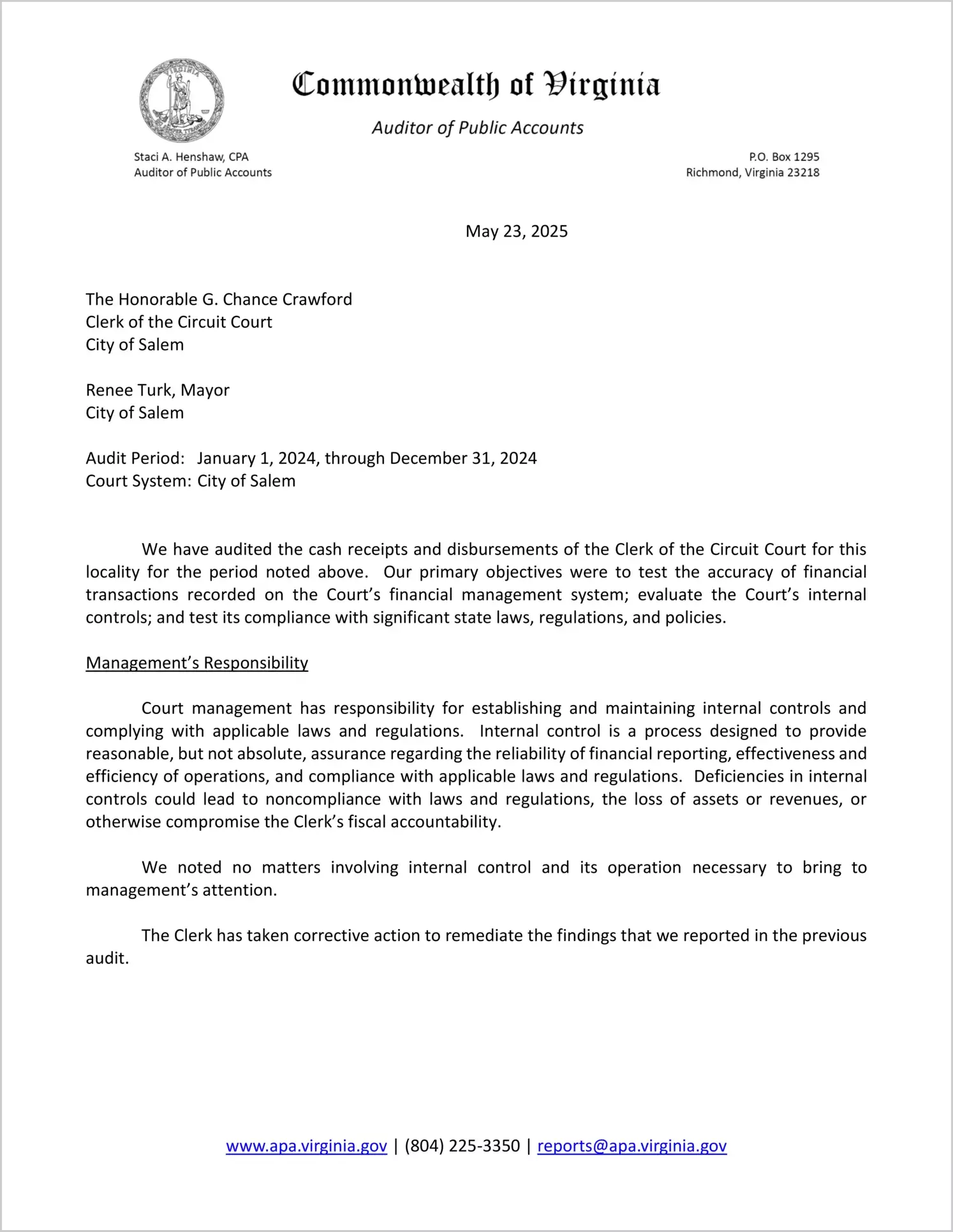 Clerk of the Circuit Court for the City of Salem for the period January 1, 2024 through December 31, 2024