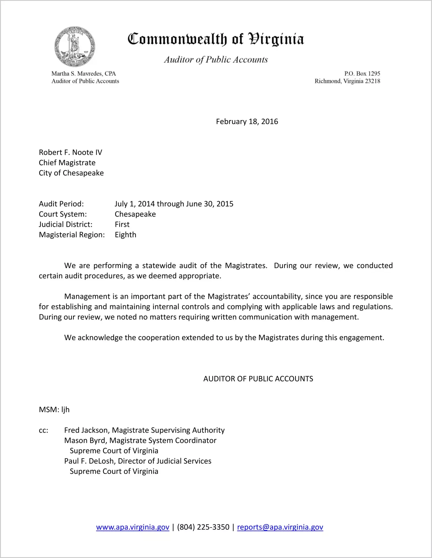 Magistrate for the City of Chesapeake Report on Audit for the period July 1, 2014 through June 30, 2015