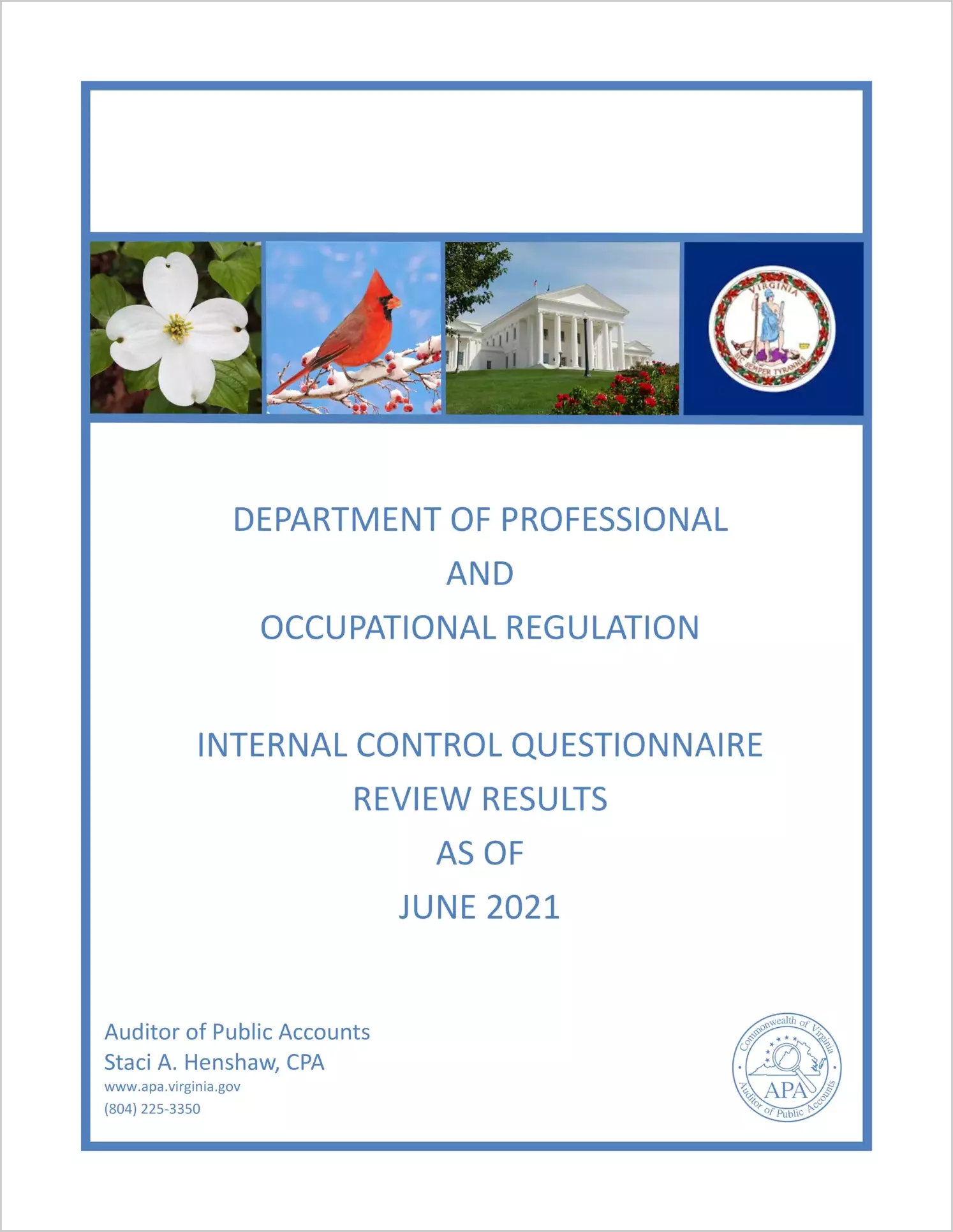 Department of Professional and Occupational Regulations Internal Control Questionnaire Review Results as of June 2021