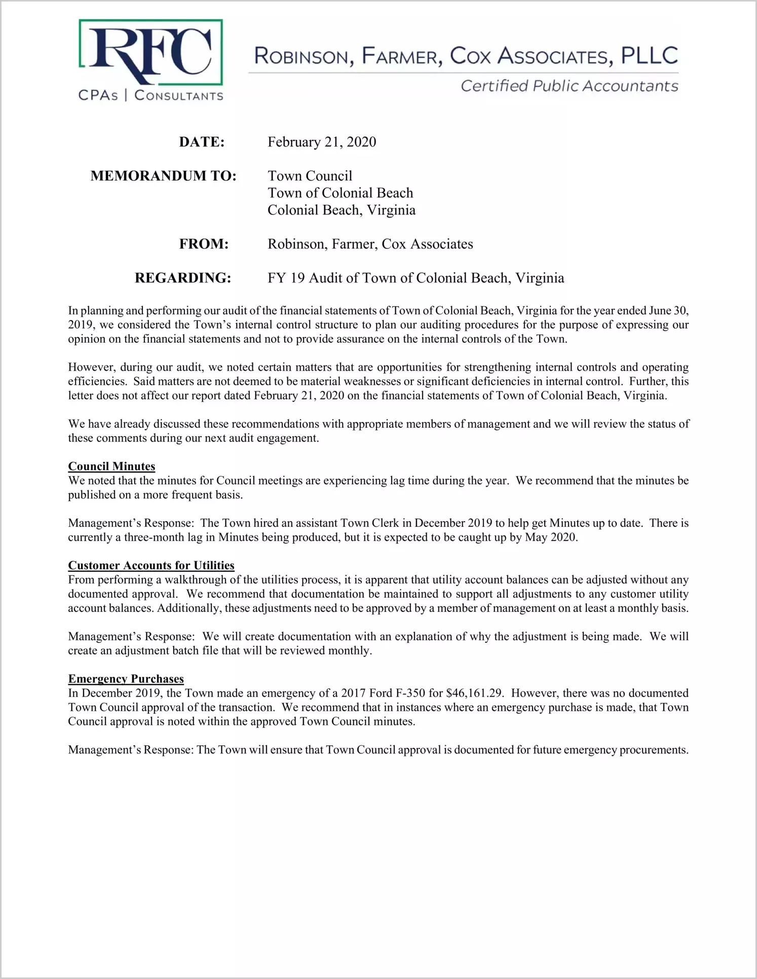 2019 Management Letter for Town of Colonial Beach 