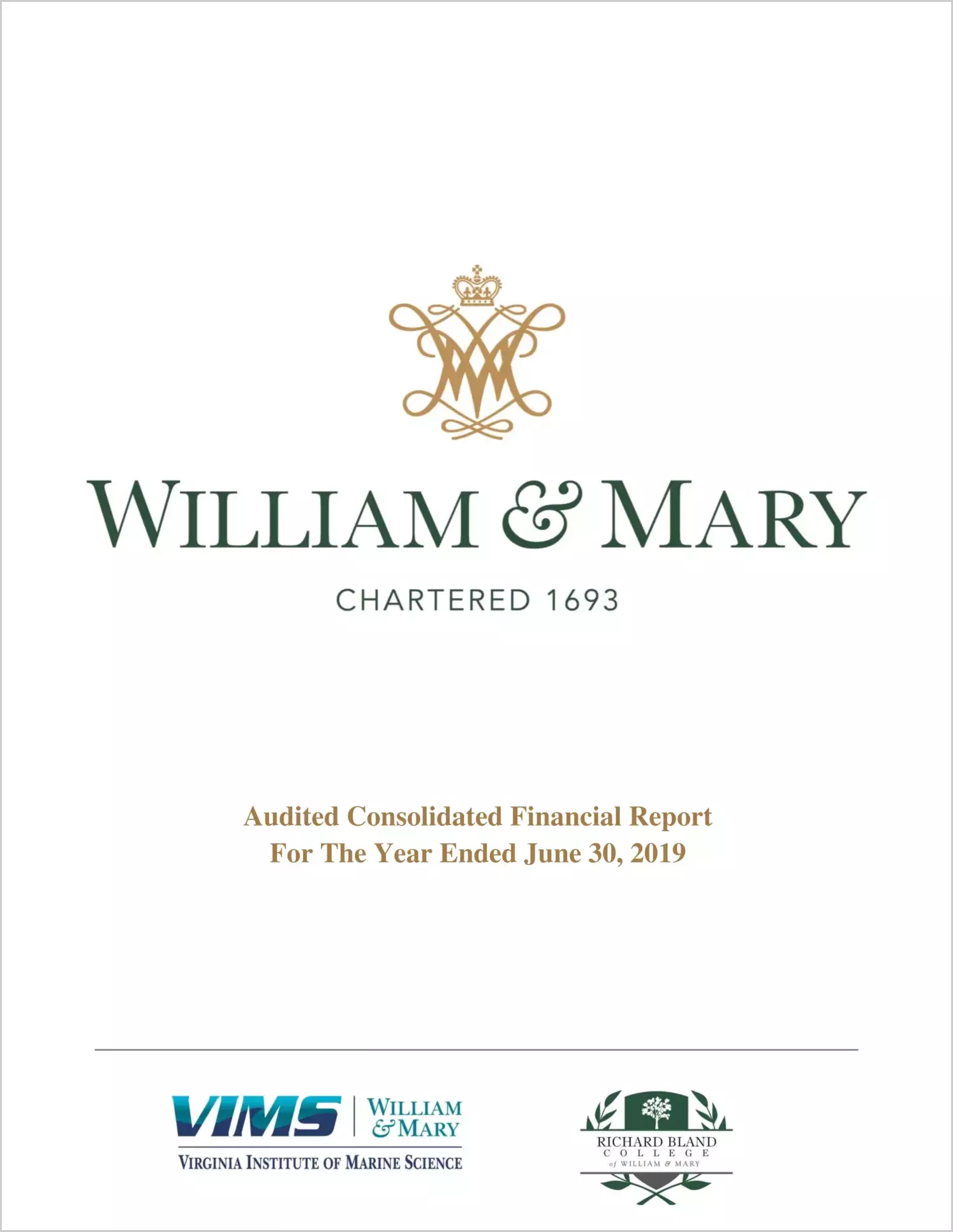 William & Mary, Virginia Institute of Marine Science, and Richard Bland College Financial Statements for the year ended June 30, 2019