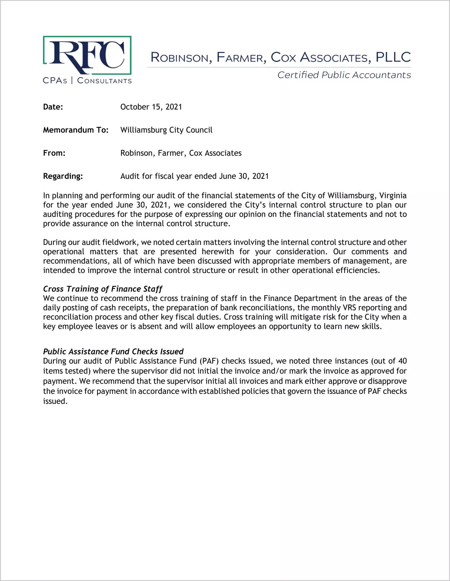 preview of 2021 Management Letter for City of Williamsburg