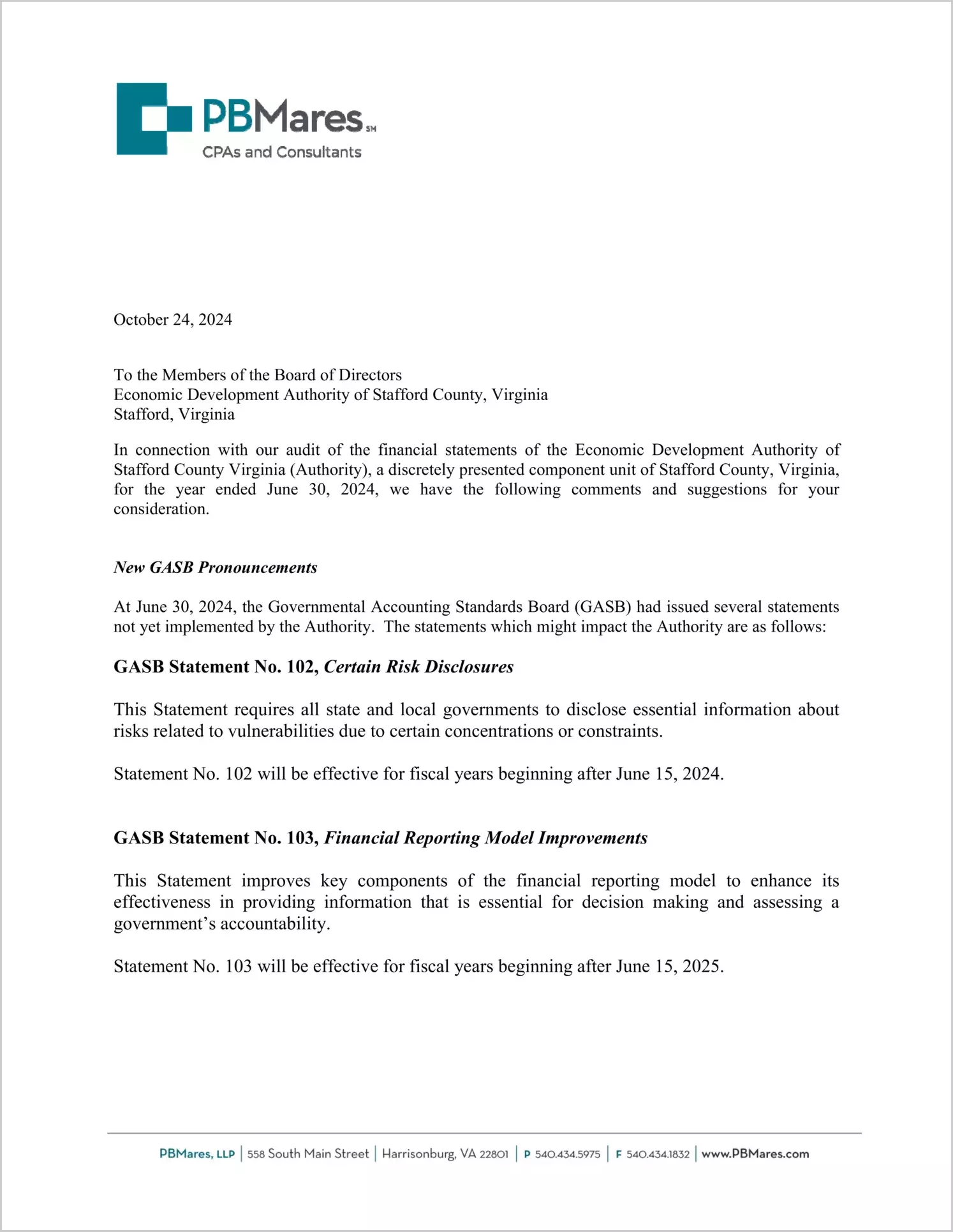 preview of 2024 ABC/Other Management Letter for Stafford Economic Development Authority