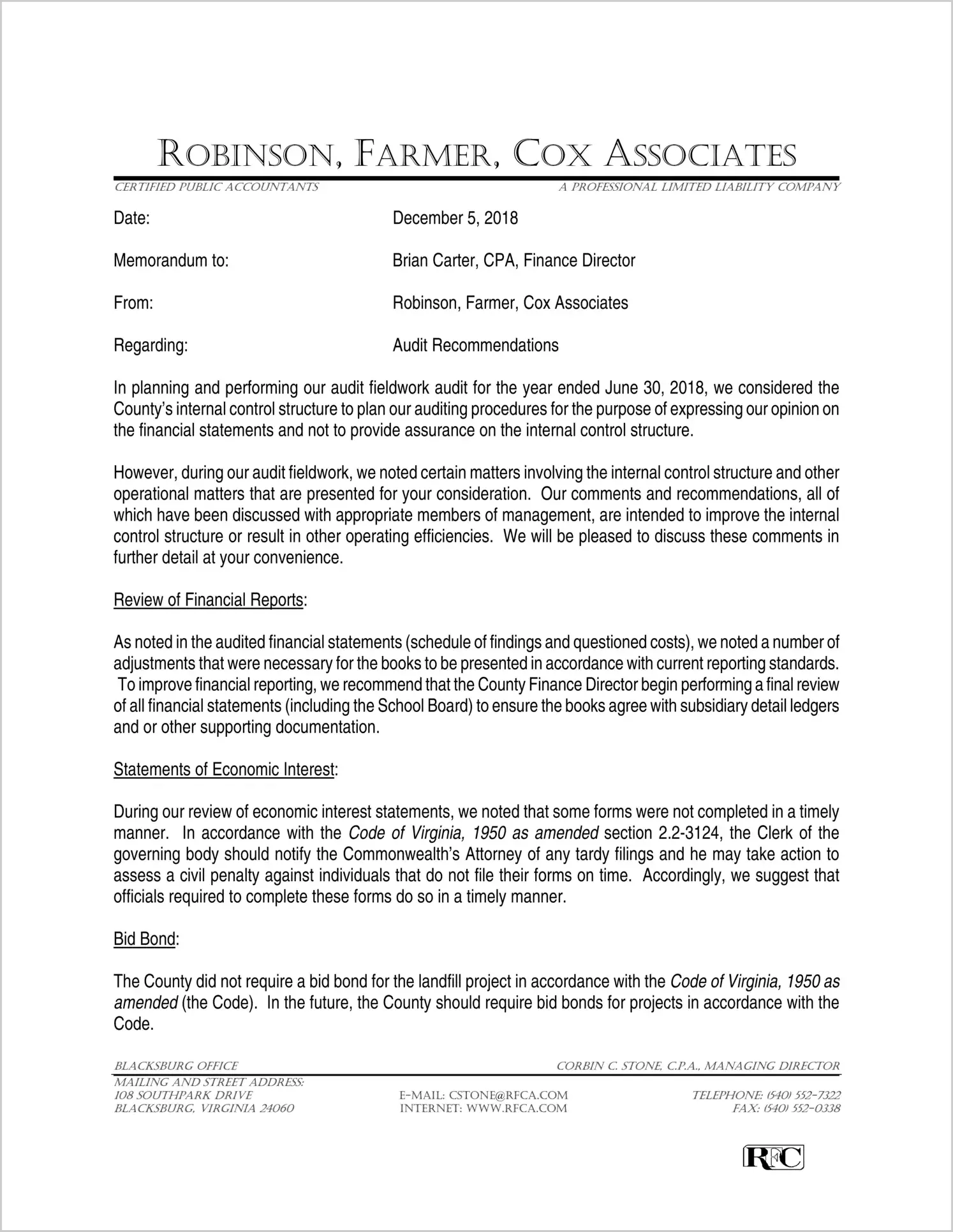 2018 Management Letter for County of Franklin 