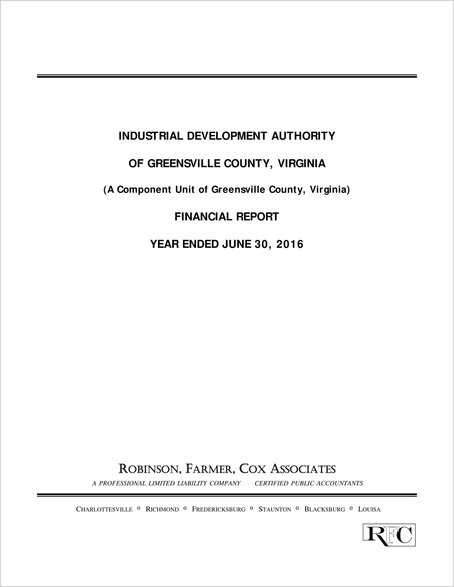 2016 ABC/Other Annual Financial Report  for Greensville Industrial Development Authority