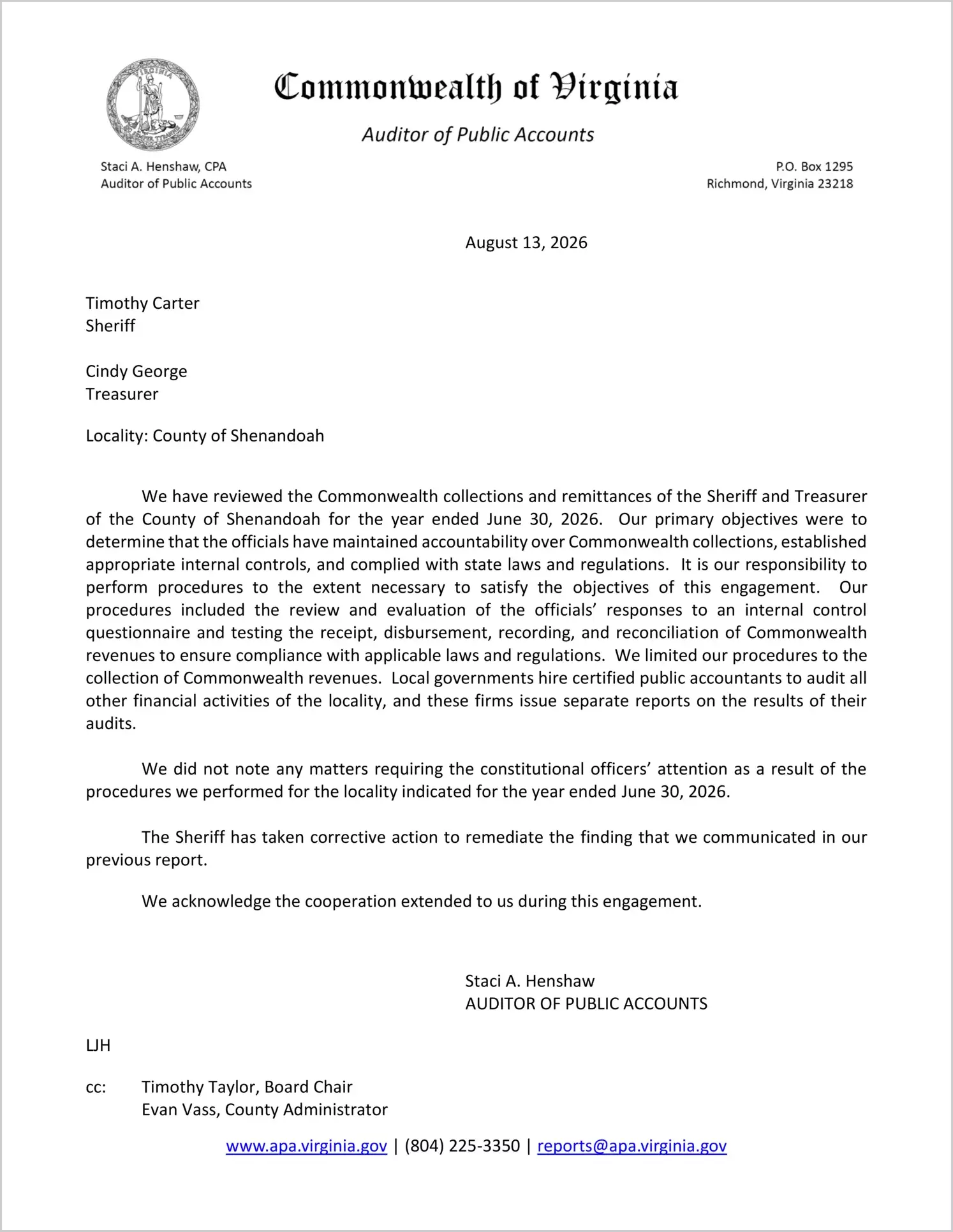 preview of Commonwealth Collections and Remittances of the Sheriff and Treasurer for the County of Shenandoah for the year ended June 30, 2026