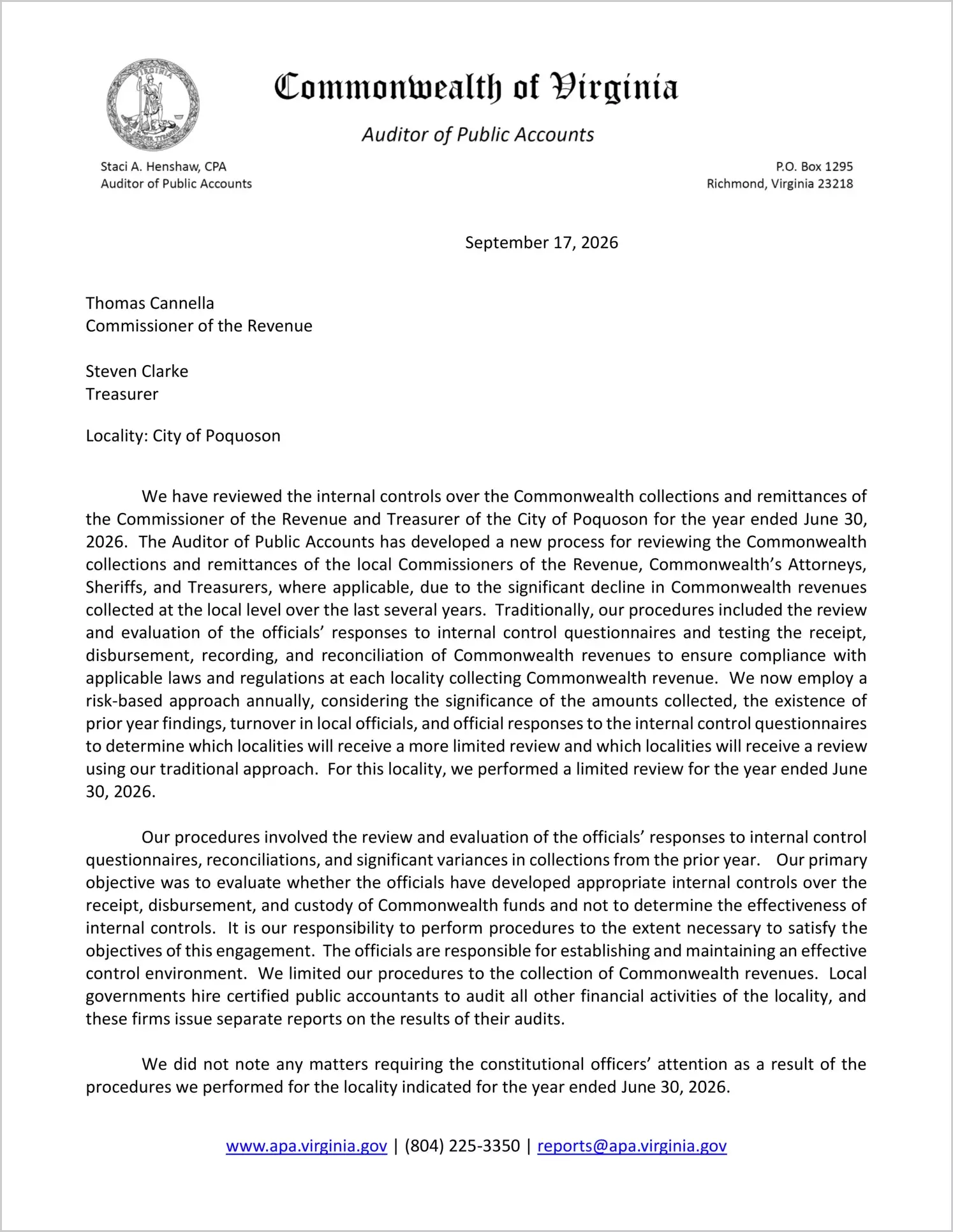 preview of Commonwealth Collections and Remittances of the Commissioner of the Revenue and Treasurer for the City of Poquoson for the year ended June 30, 2026