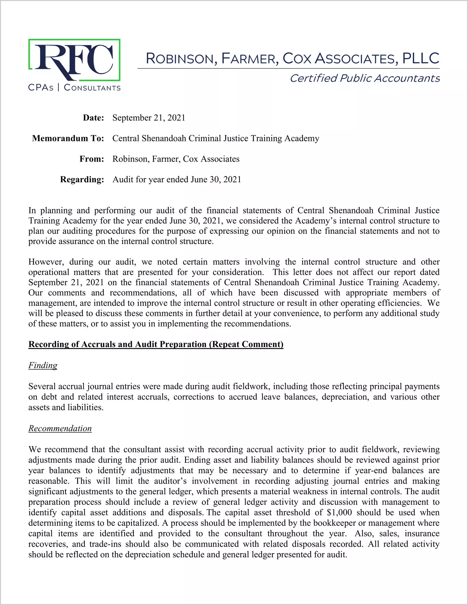 preview of 2021 ABC/Other Management Letter for Central Shenandoah Criminal Justice Training Academy