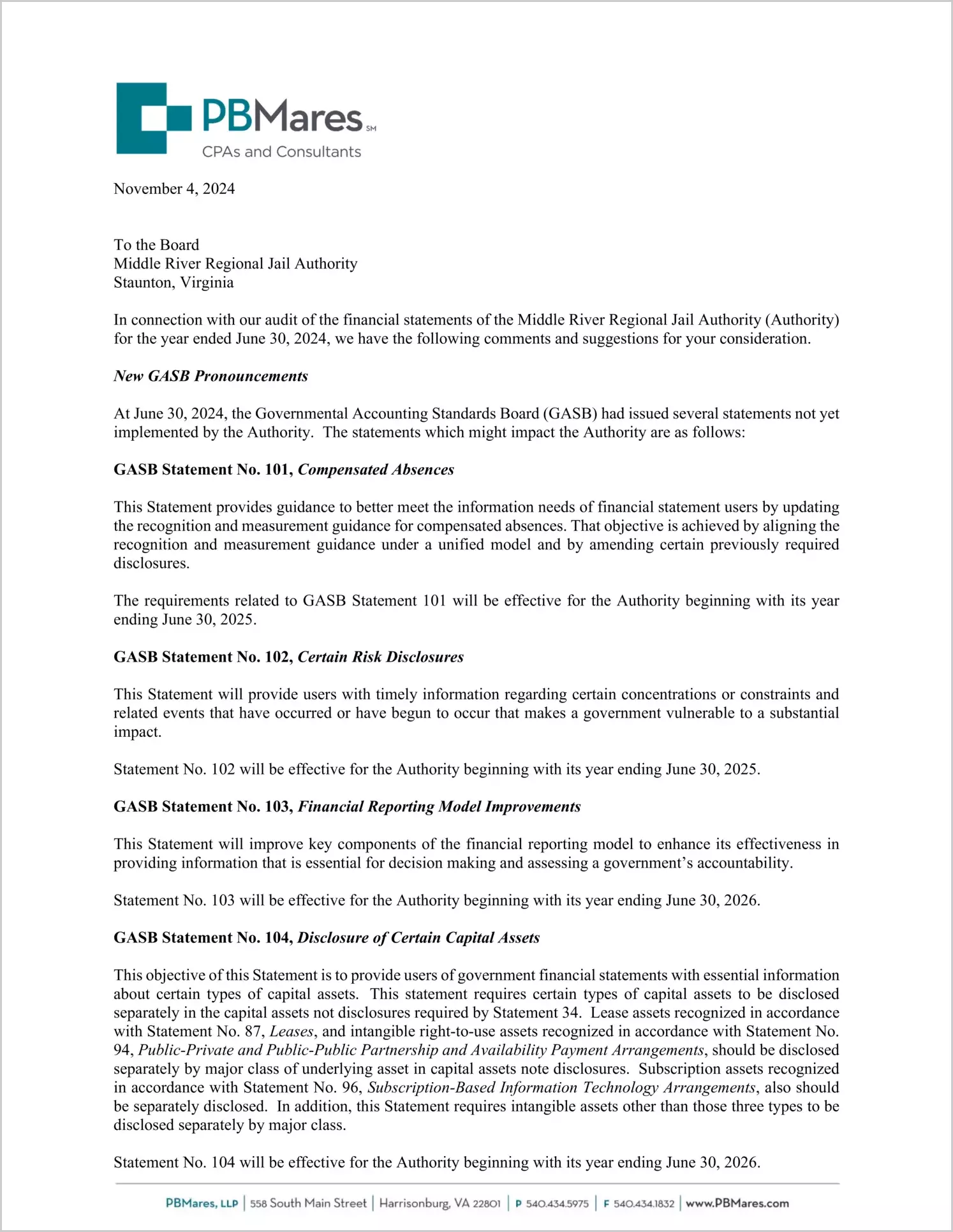 preview of 2024 ABC/Other Management Letter for Middle River Regional Jail Authority