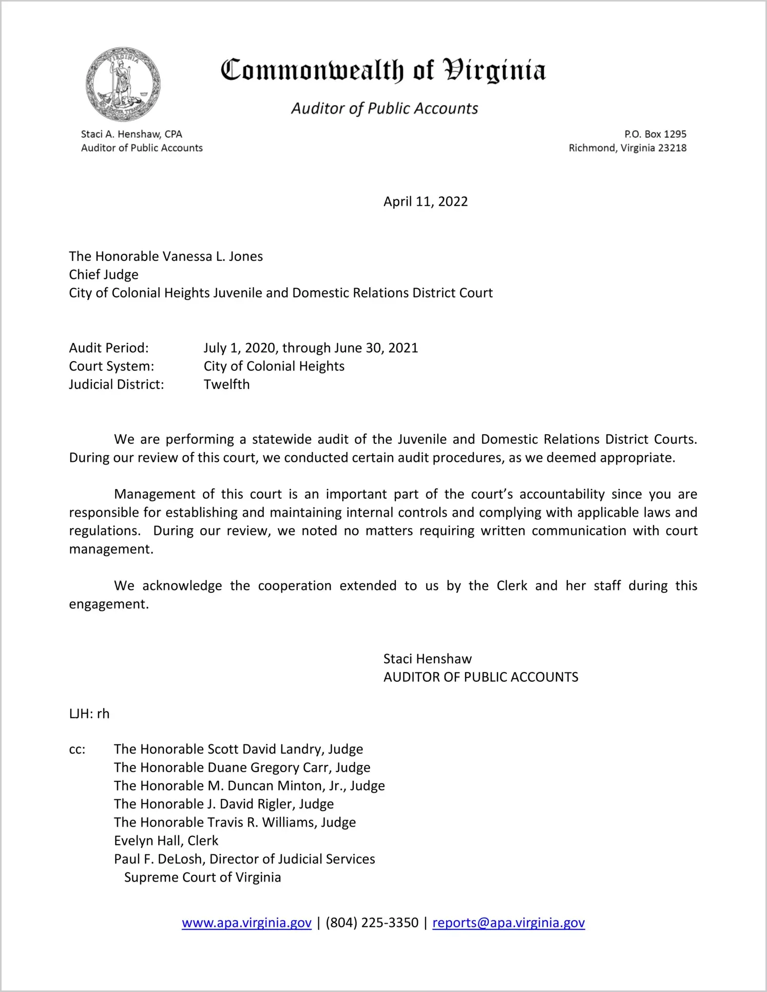 Juvenile and Domestic Relations Court for the City of Colonial Heights for the period July 1, 2020 through June 30, 2021