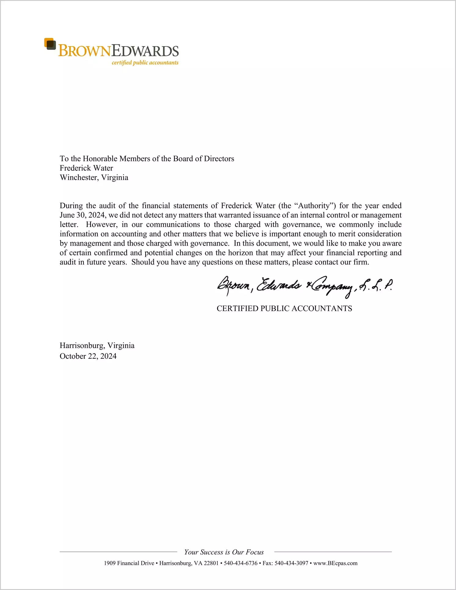 preview of 2024 ABC/Other Management Letter for Frederick Water