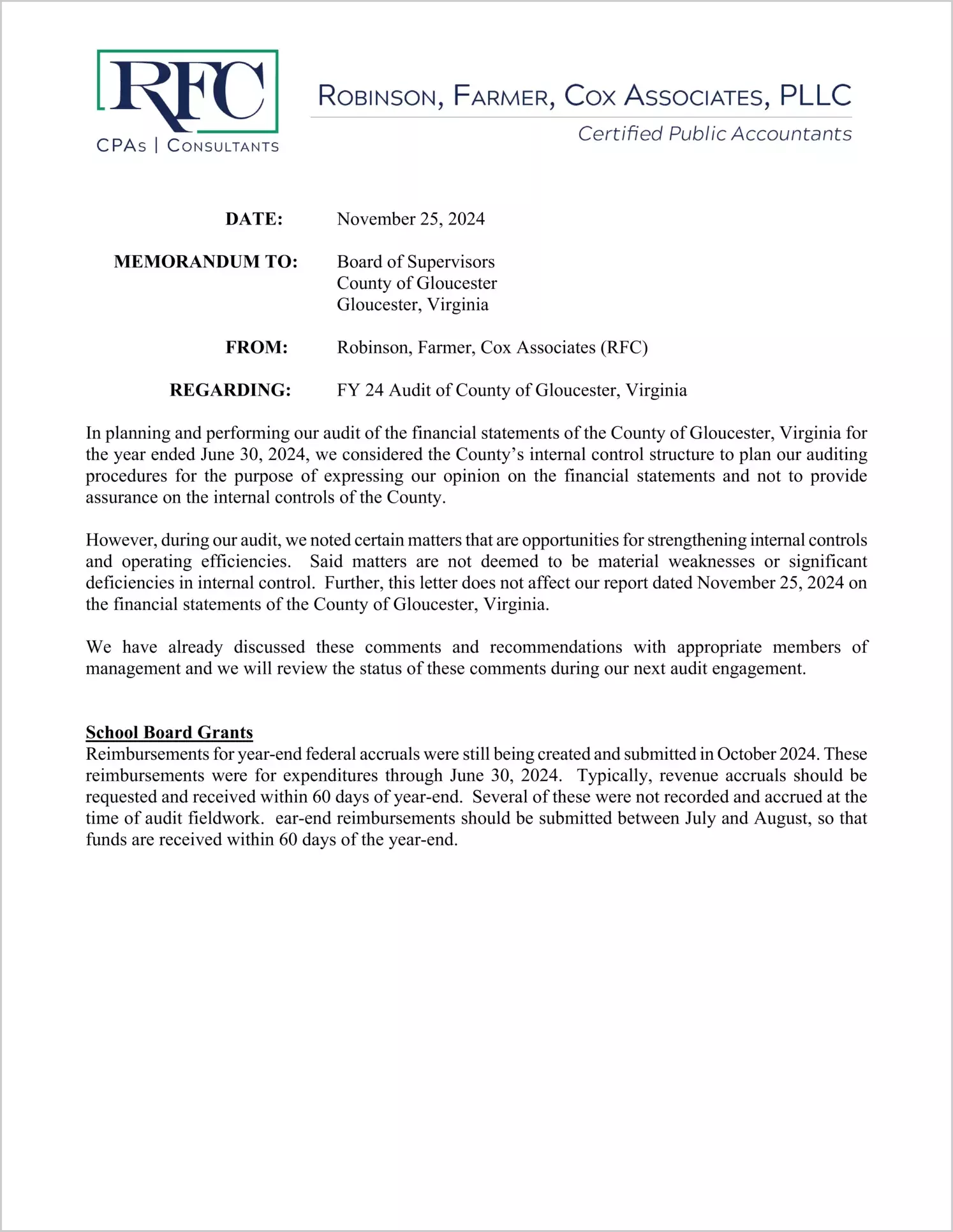 preview of 2024 Management Letter for County of Gloucester