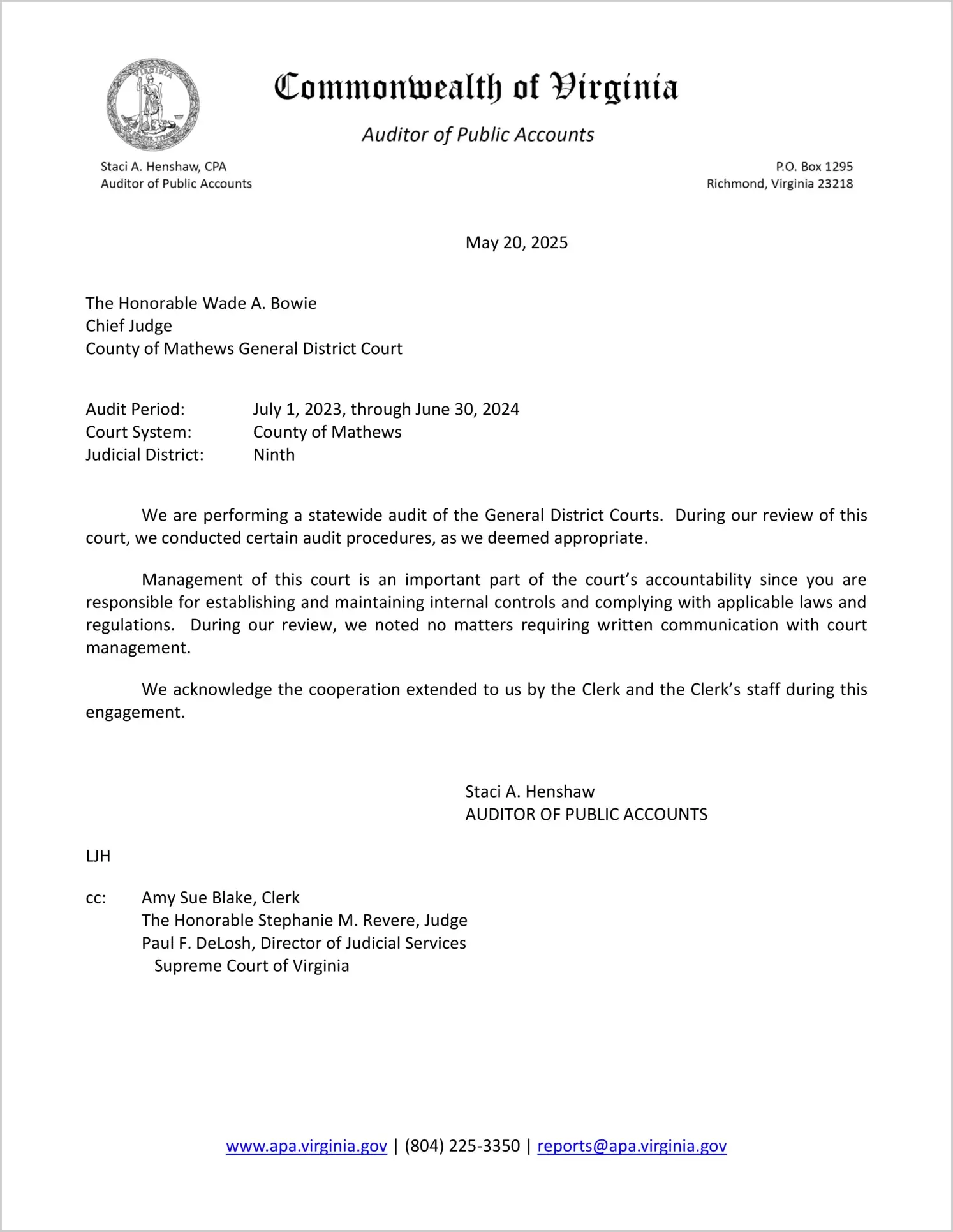 General District Court for the County of Mathews for the period July 1, 2023 through June 30, 2024