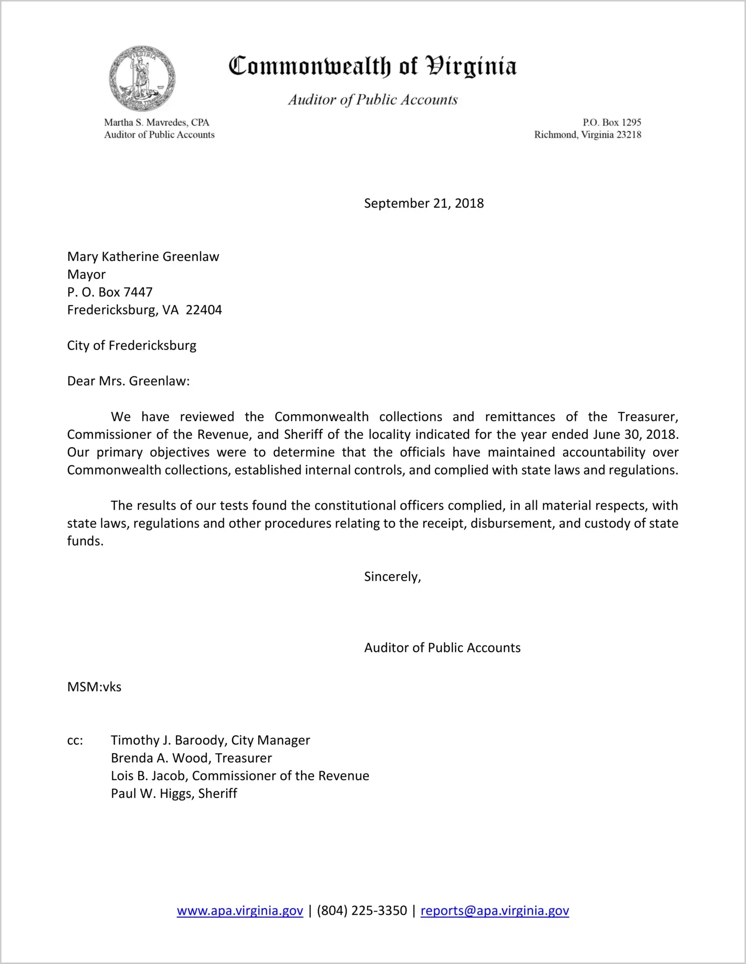 Commonwealth collections and remittances of the Treasurer, Commissioner of the Revenue, and Sheriff of the City of Fredericksburg for the year ended June 30, 2018