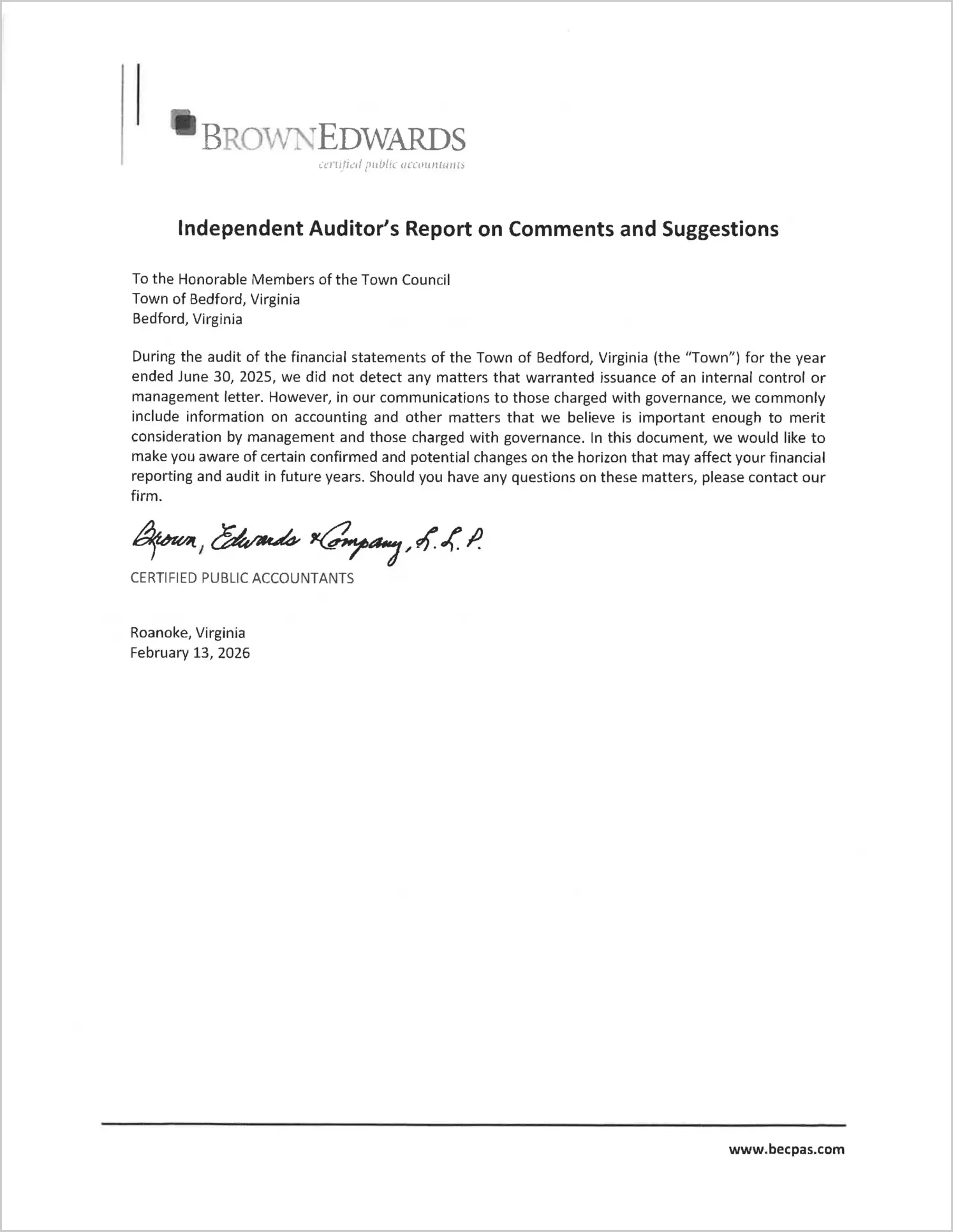 preview of 2025 Management Letter for Town of Bedford