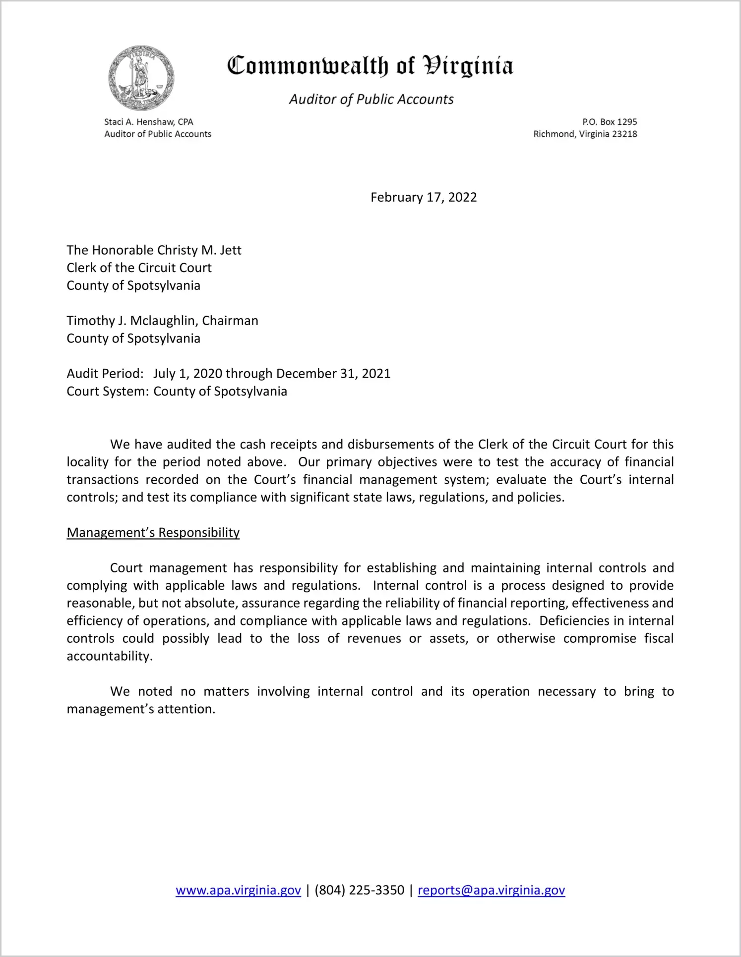Clerk of the Circuit Court for the County of Spotsylvania for the period July 1, 2020 through December 31, 2021