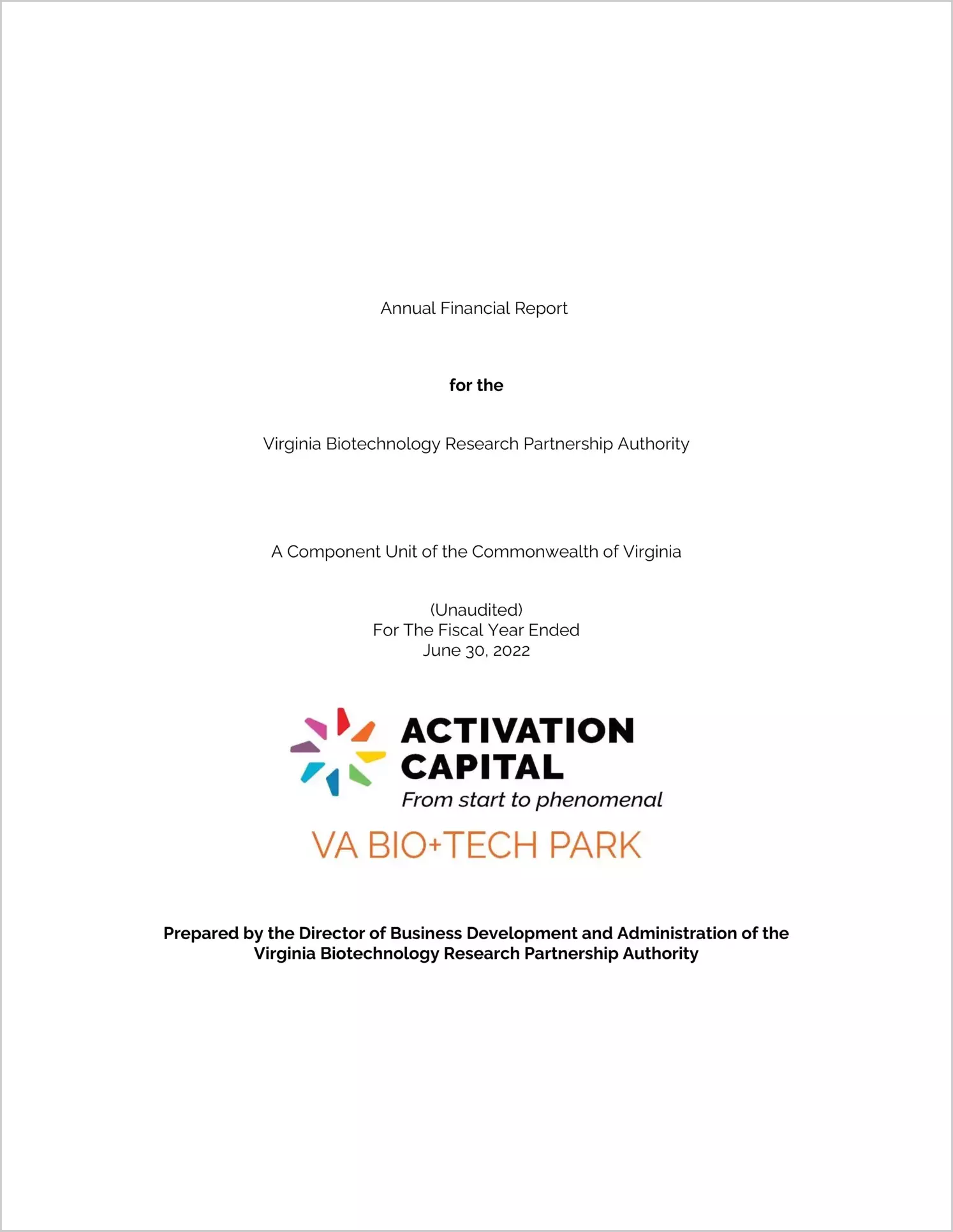 Virginia Biotechnology Research Partnership Authority Financial Statements for the year ended June 30, 2022