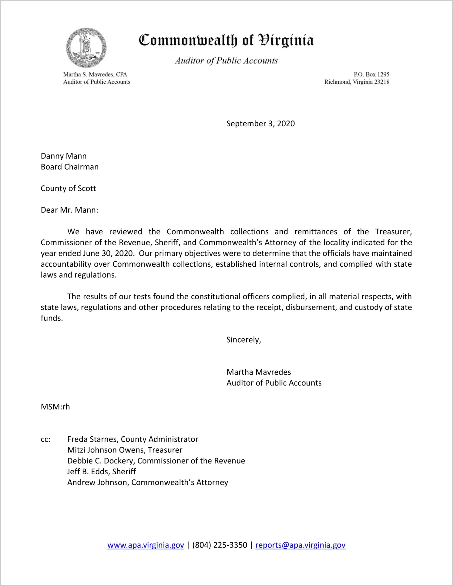 Commonwealth Collections and Remittances of the Treasurer, Commissioner of Revenue, Sheriff, and Commonwealth? Attorney for the County of Scott for the year ended June 30, 2020