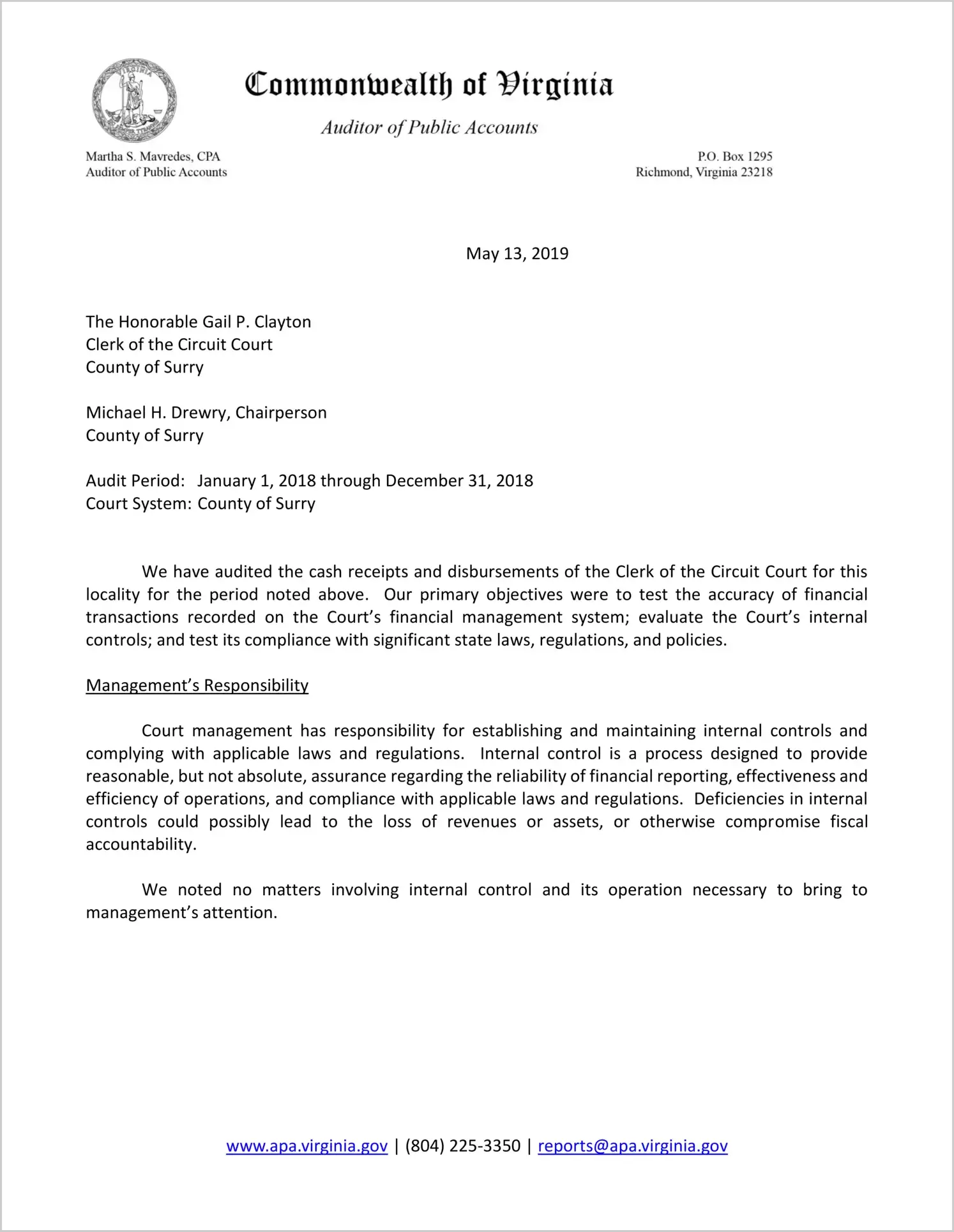 Clerk of the Circuit Court for the County of Surry for the period January 1, 2018 through December 31, 2018