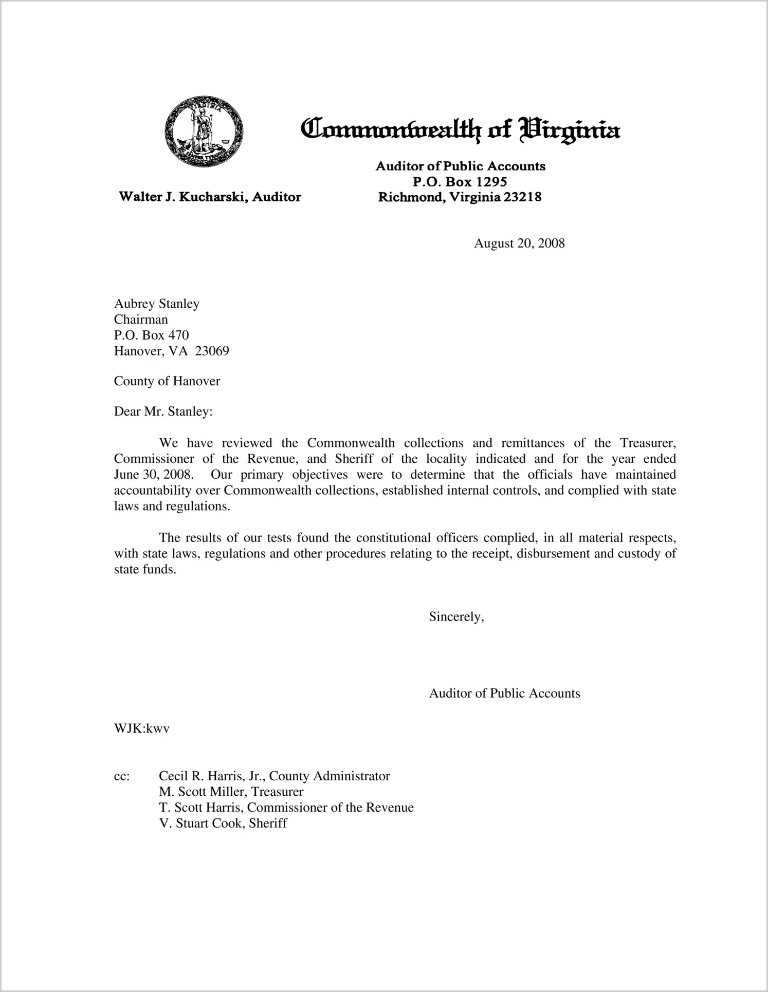 Commonwealth Collections and Remittances of the Treasurer, Commissioner of the Revenue, and Sheriff for the County of Hanover for the year ended 2008