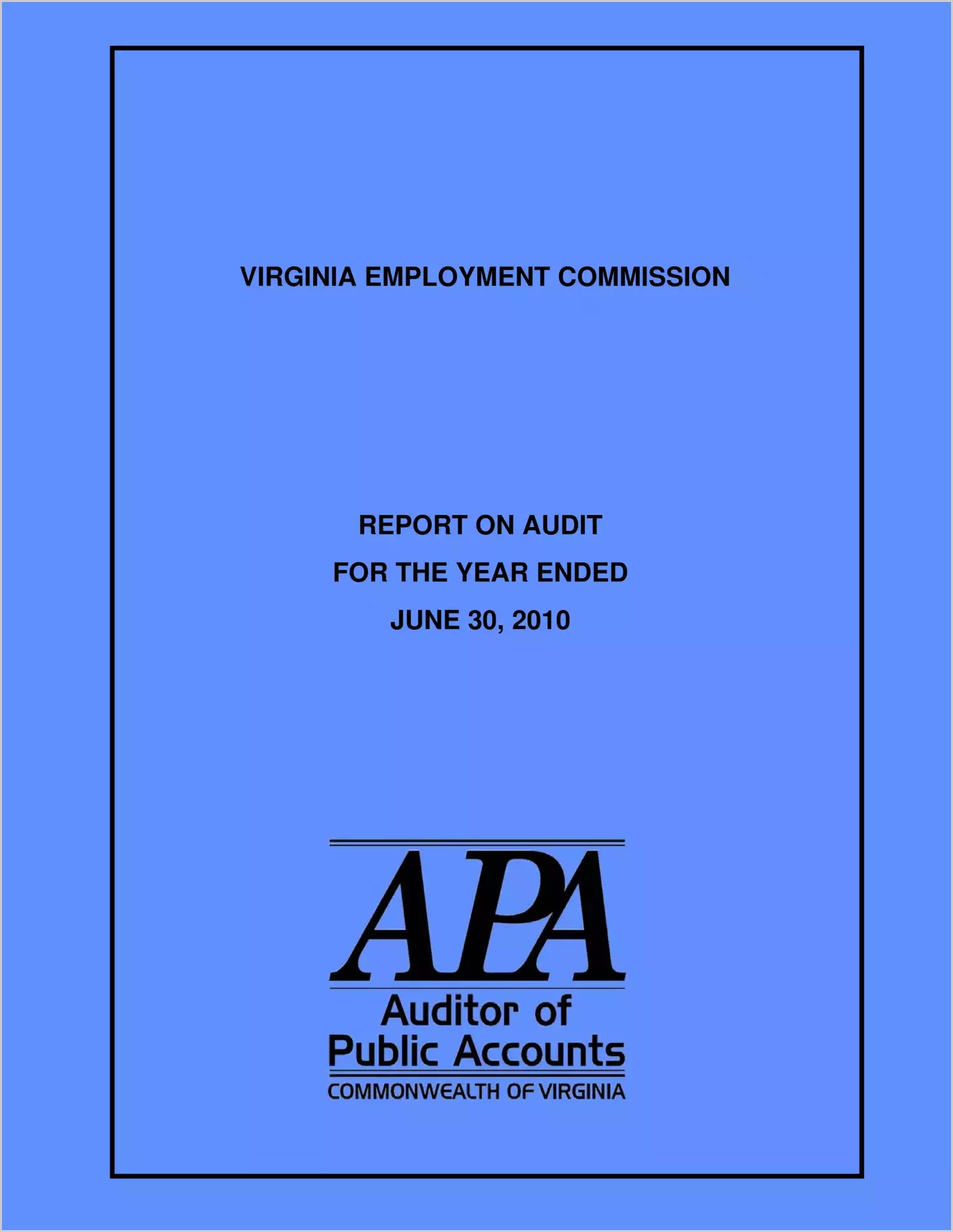 Virginia Employment Commission for the year ended June 30, 2010