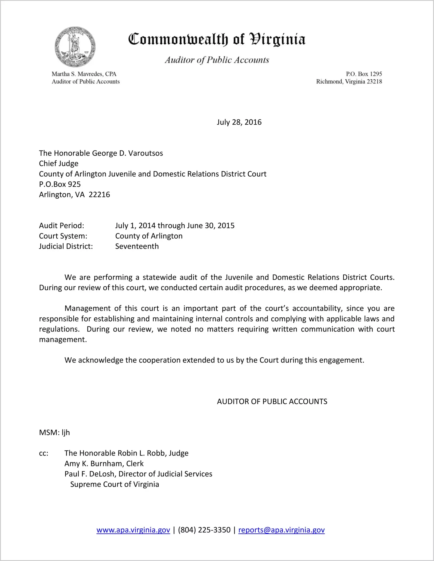 Clerk of the Juvenile and Domestic Relations Court for the County of Arlington Report on Audit for the period July 1, 2014 through June 30, 2015