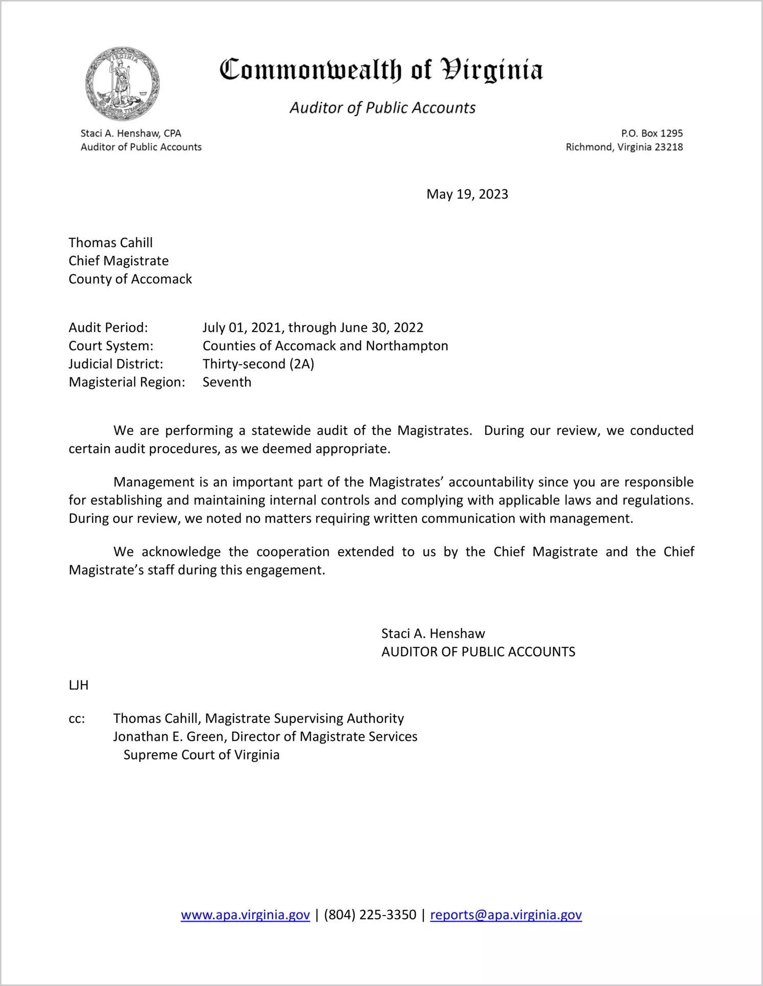 Magistrate of the Judicial District 32 (2A) for the period July 1, 2021 through June 30, 2022