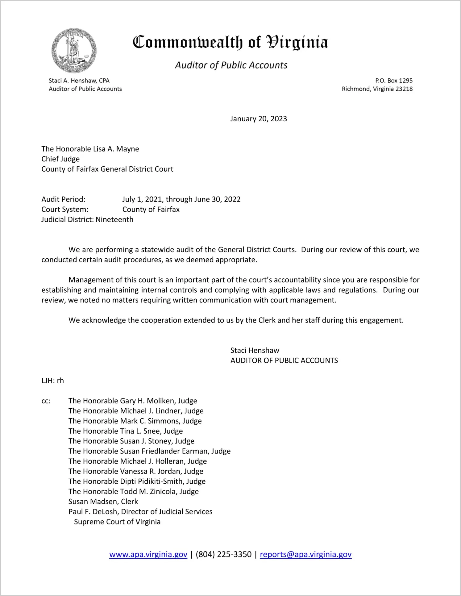 General District Court for the County of Fairfax for the period July 1, 2021 through June 30, 2022