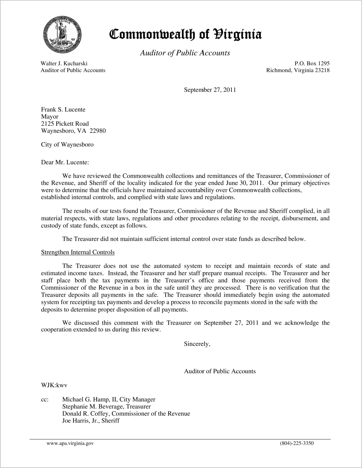 Commonwealth collections and remittances of the Treasurer, Commissioner of the Revenue, and Sheriff of the City of Waynesboro for the year ended June 30, 2011