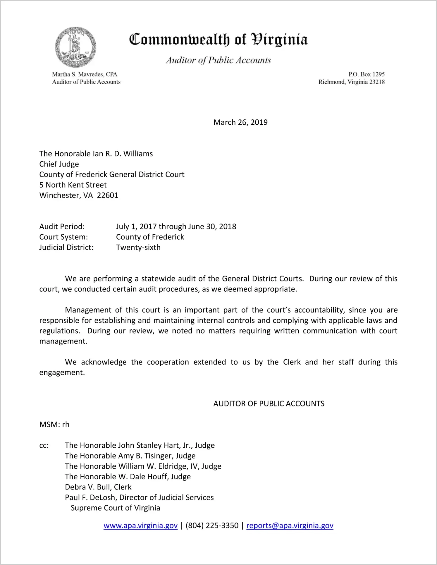 General District Court for the County of Frederick for the period July 1, 2017 through June 30, 2018