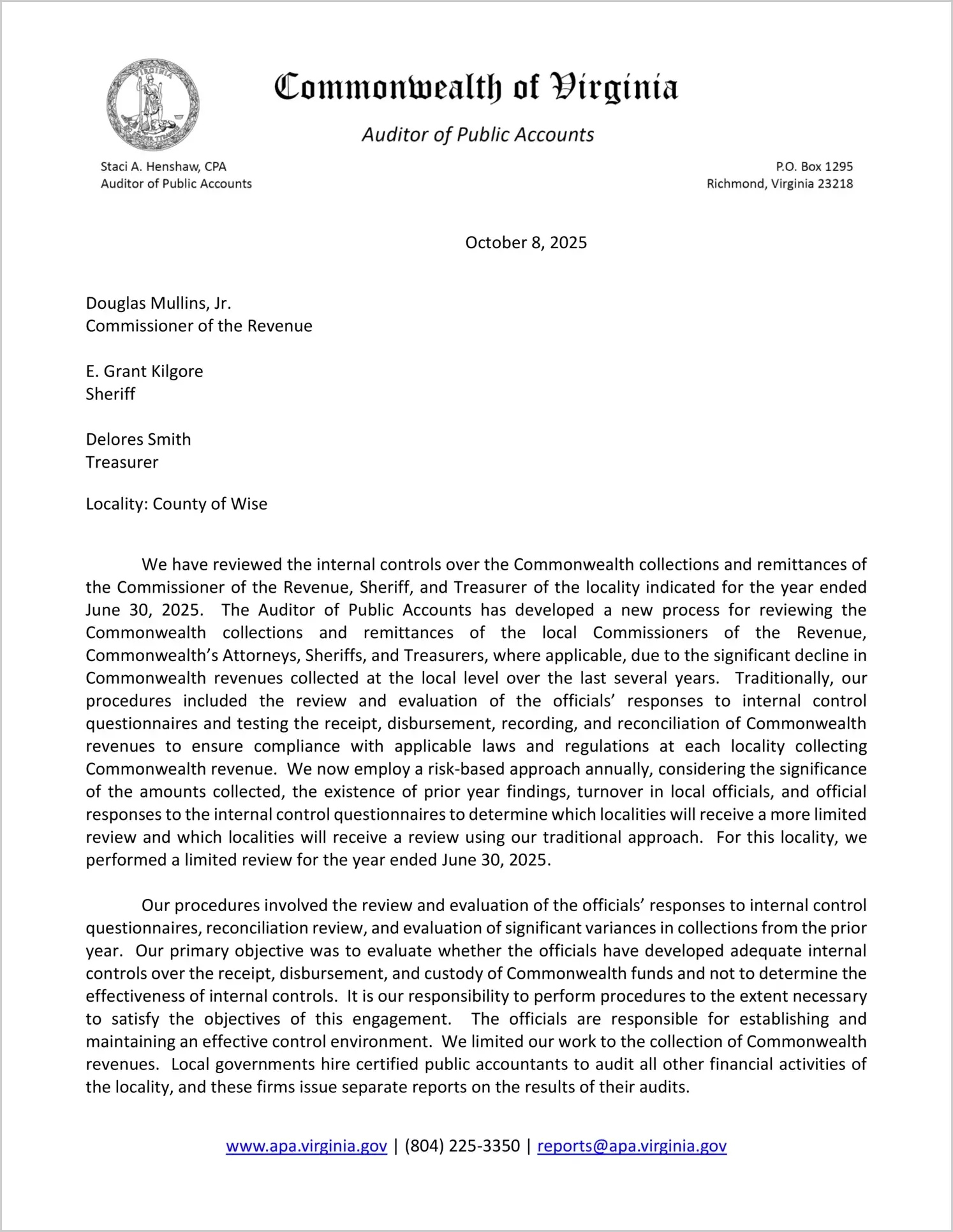 Commonwealth Collections and Remittances of the Commissioner of the Revenue, Sheriff, and Treasurer for the County of Wise for the year ended June 30, 2025