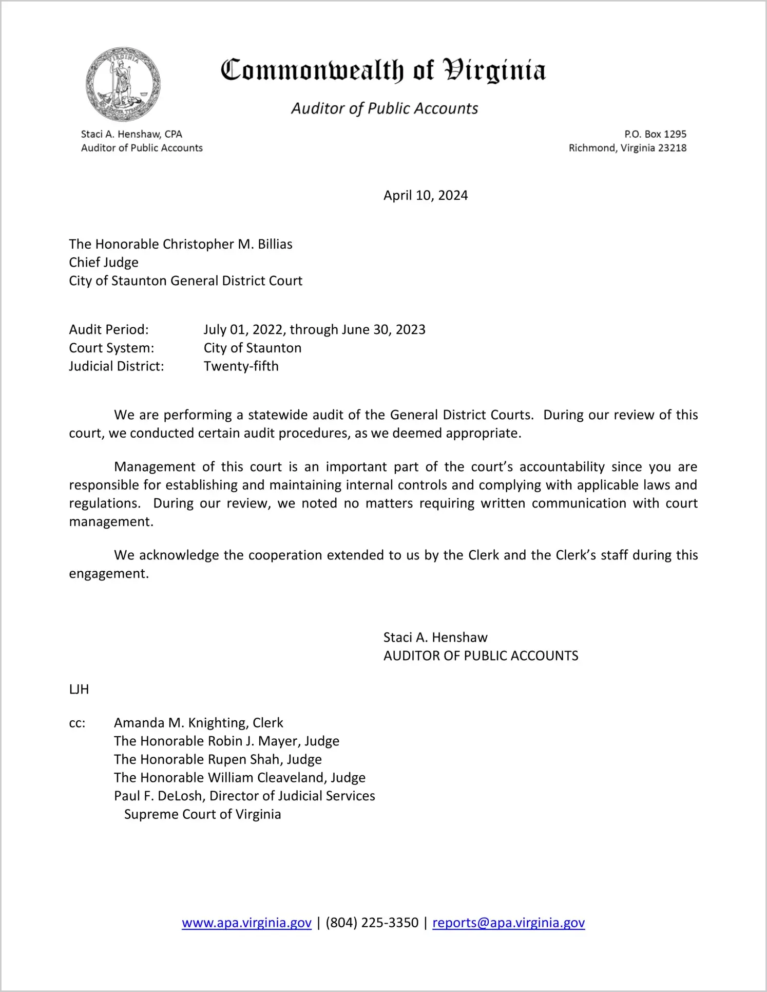 General District Court for the City of Staunton for the period July 1, 2022 through June 30, 2023