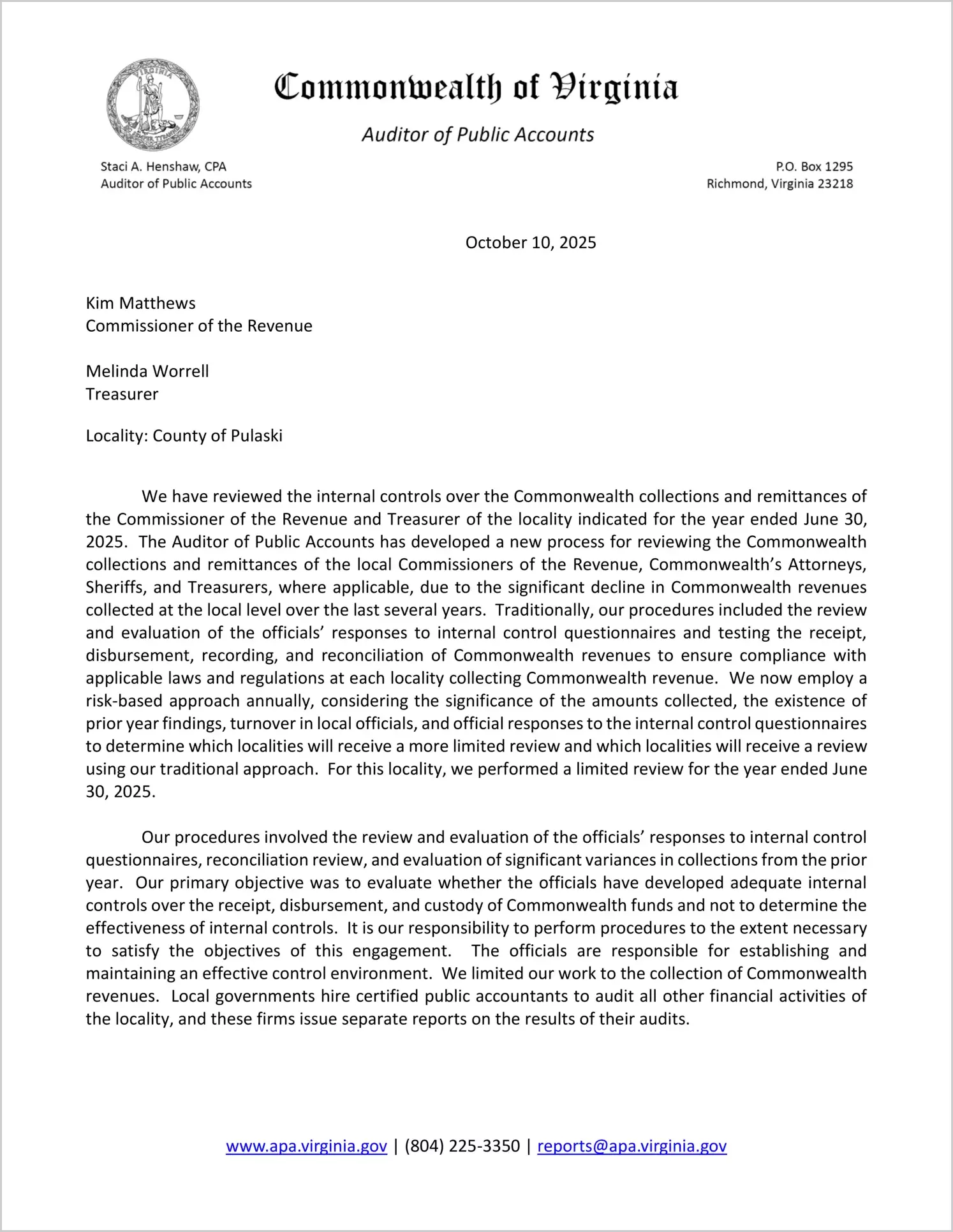 Commonwealth Collections and Remittances of the Commissioner of the Revenue and Treasurer for the County of Pulaski for the year ended June 30, 2025