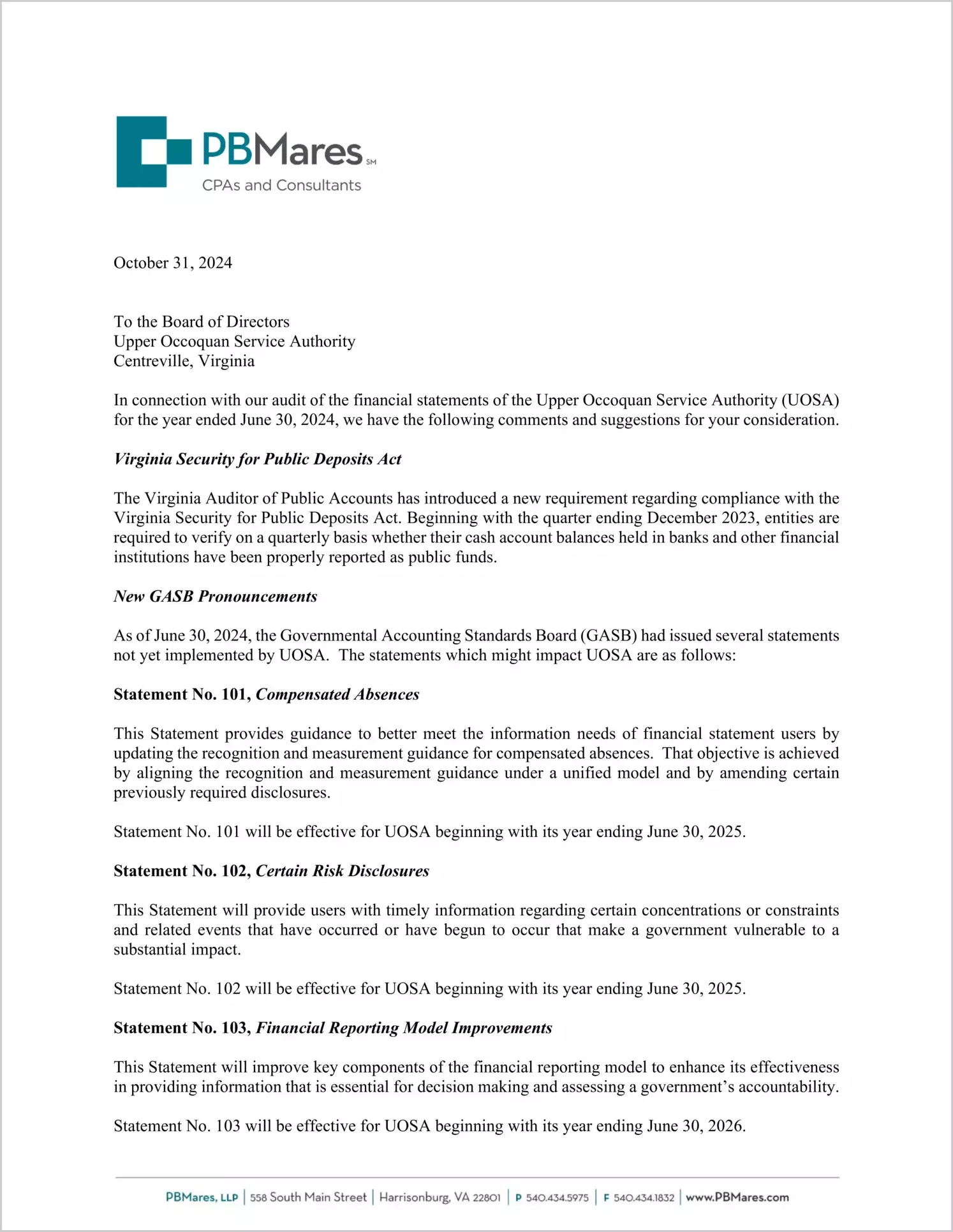 preview of 2024 ABC/Other Management Letter for Upper Occoquan Service Authority