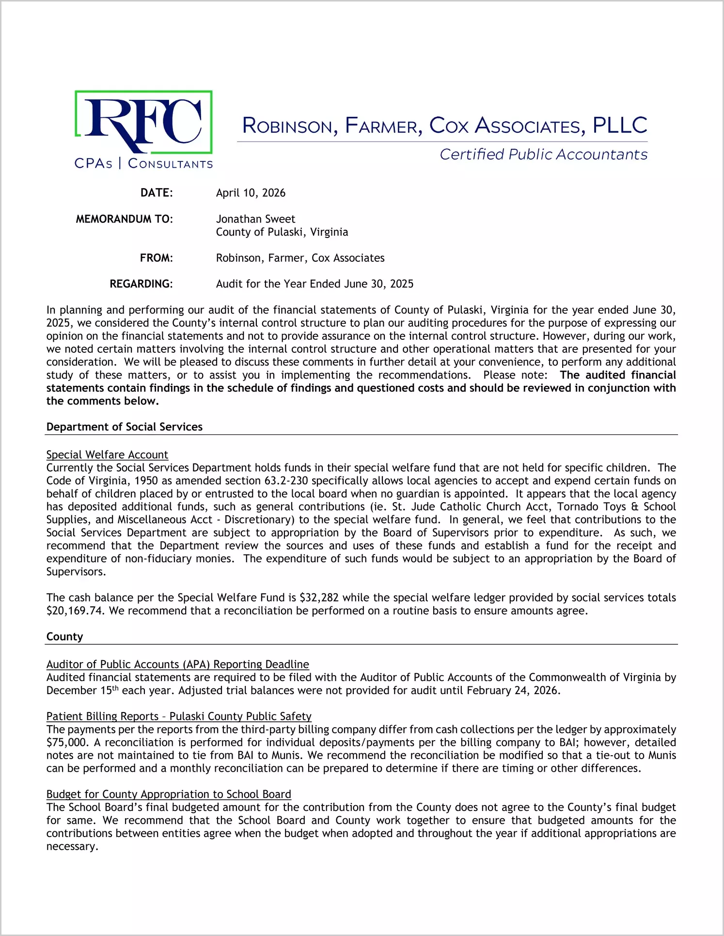 preview of 2025 Management Letter for County of Pulaski