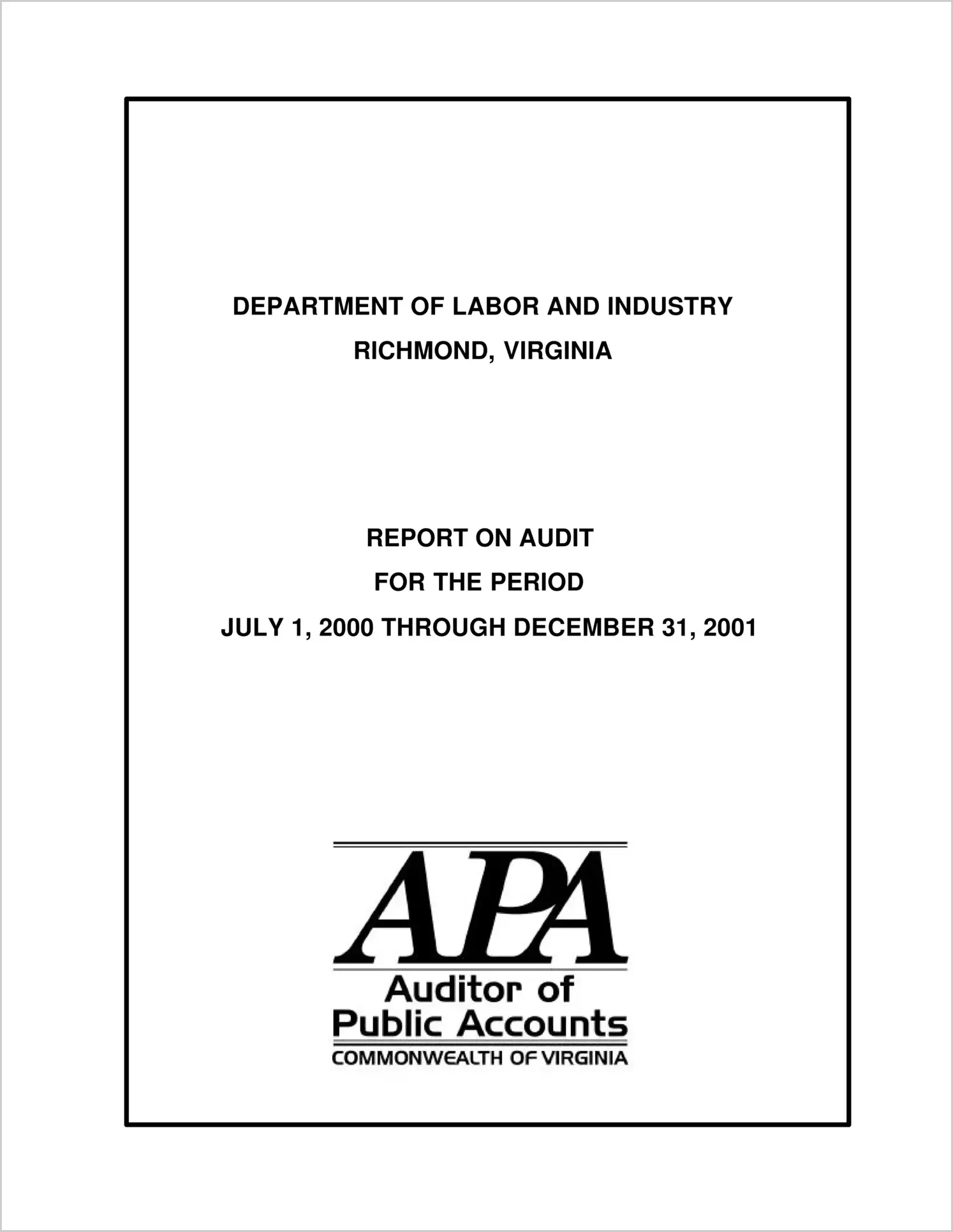 Department of Labor and Industry for the period ended December 31, 2001